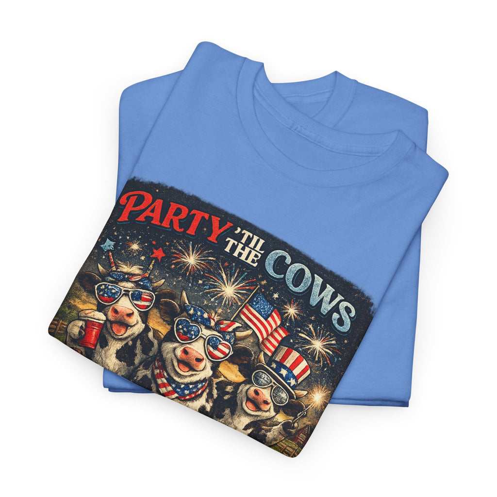 Independence Day 'Party 'Til the Cows Come Home' T-Shirt — Fireworks & Cow Graphic