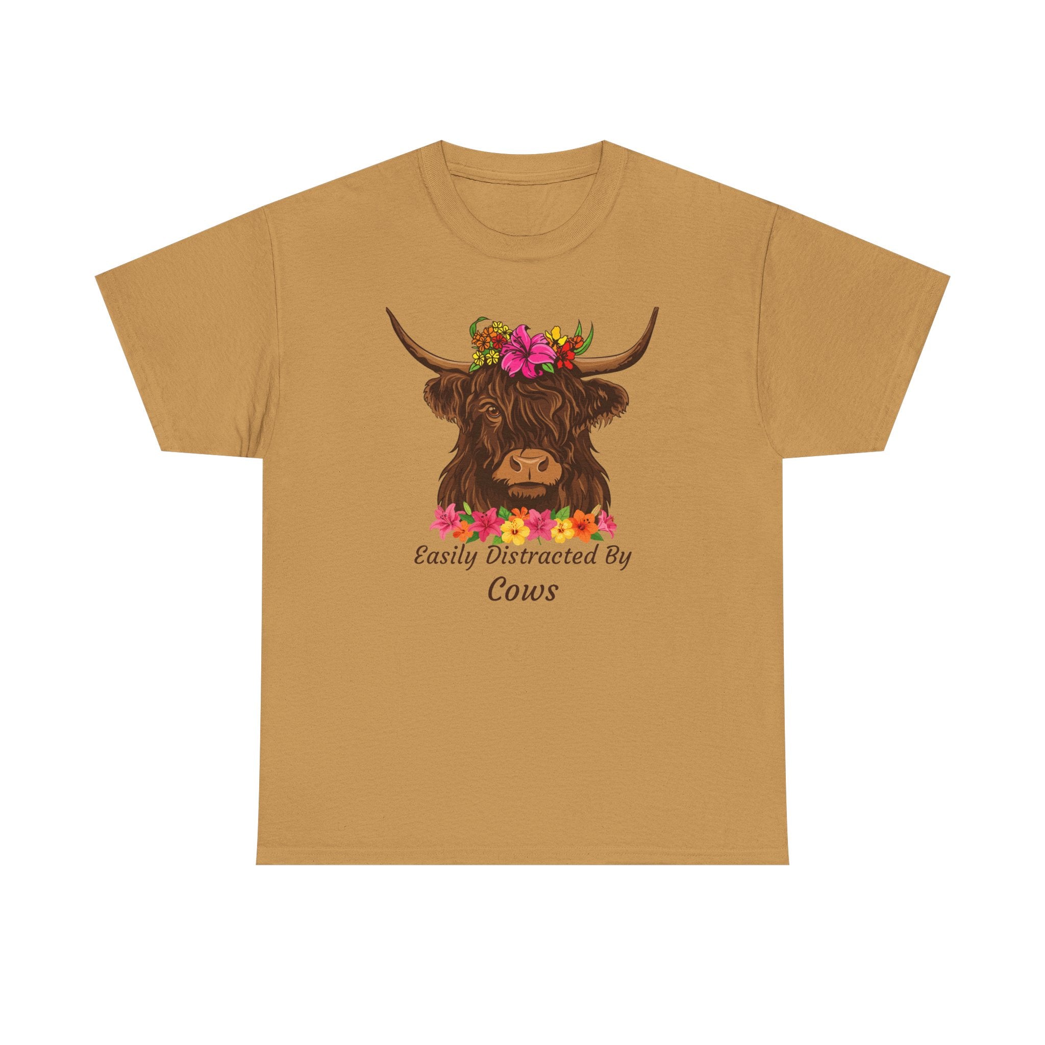 Highland Cow Floral Tee — "Easily Distracted by Cows" Cute Cow Graphic T-Shirt