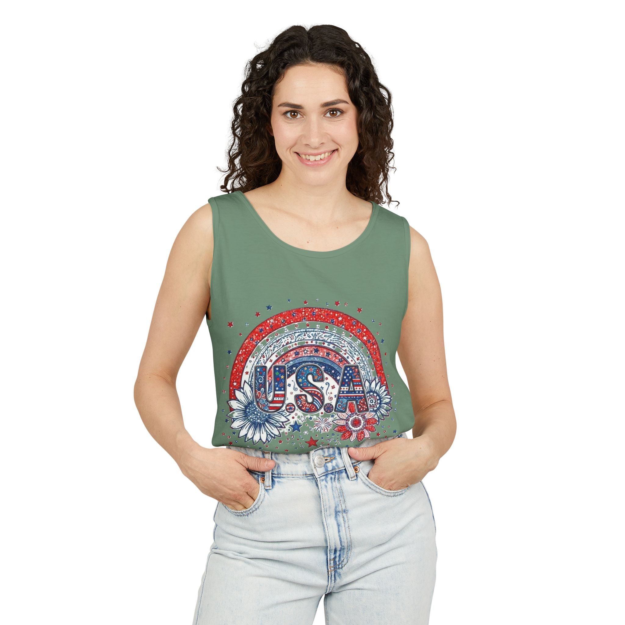 USA Rainbow Floral Tank Top — Patriotic 4th of July Sleeveless Tee