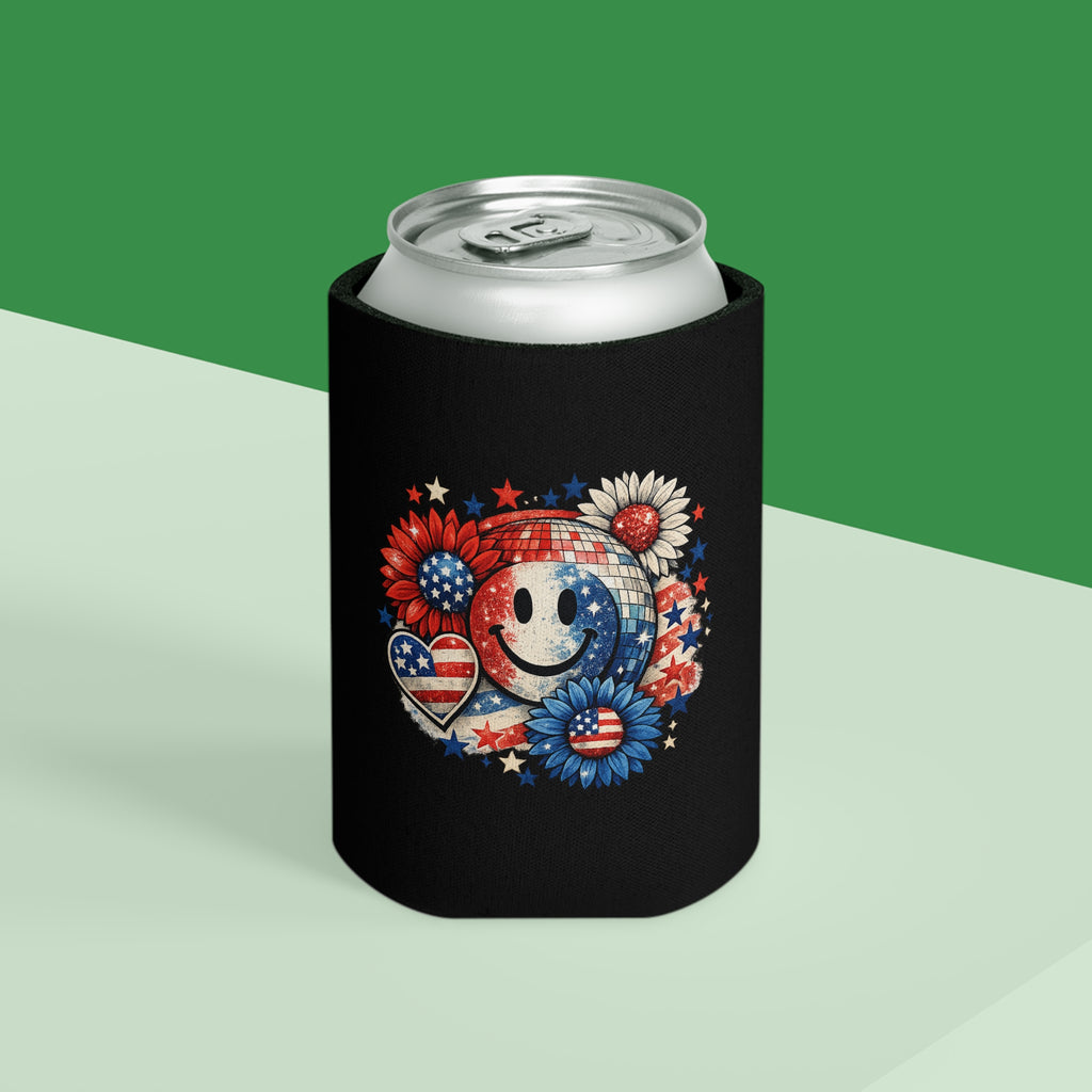Patriotic Smile Can Cooler — 4th of July American Flag Floral Beer Koozie