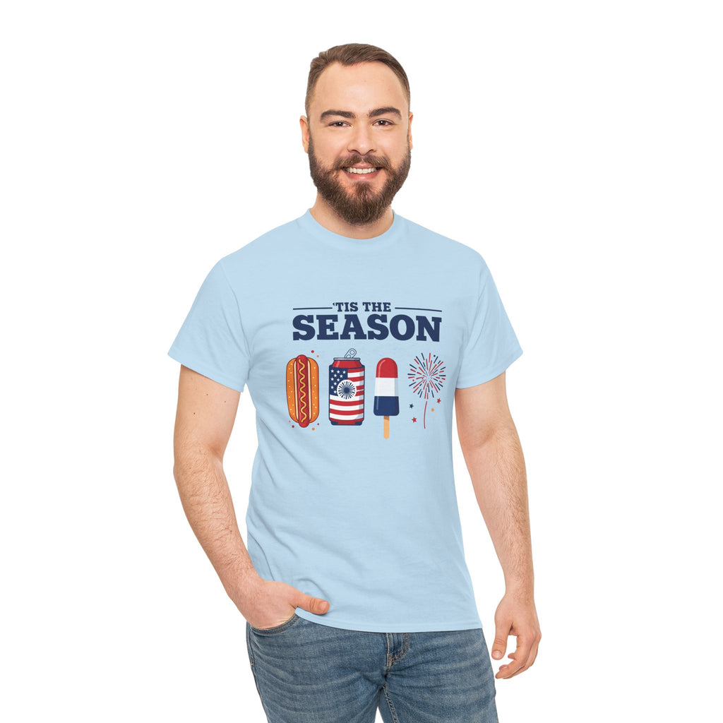 Fourth of July Tee — "'Tis the Season" Patriotic Hot Dog, Popsicle & Fireworks T-Shirt