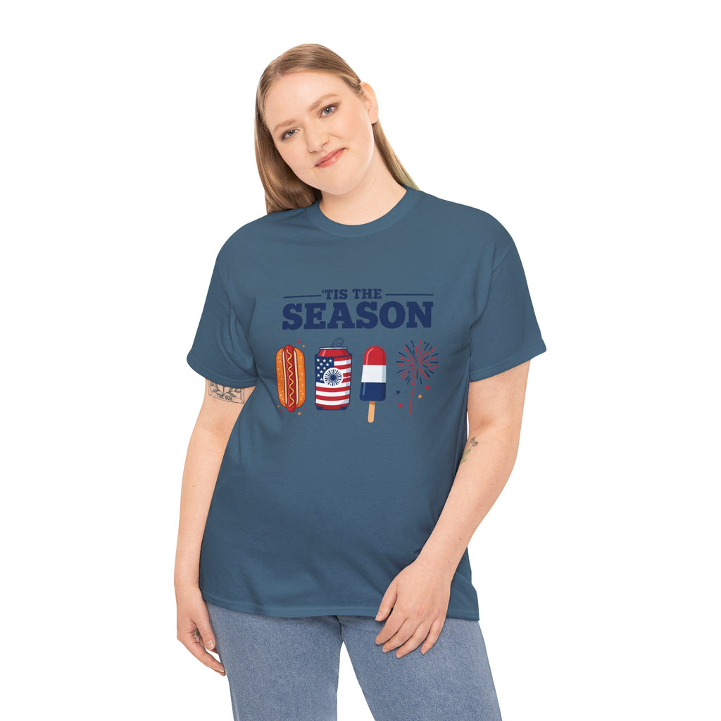 Fourth of July Tee — "'Tis the Season" Patriotic Hot Dog, Popsicle & Fireworks T-Shirt