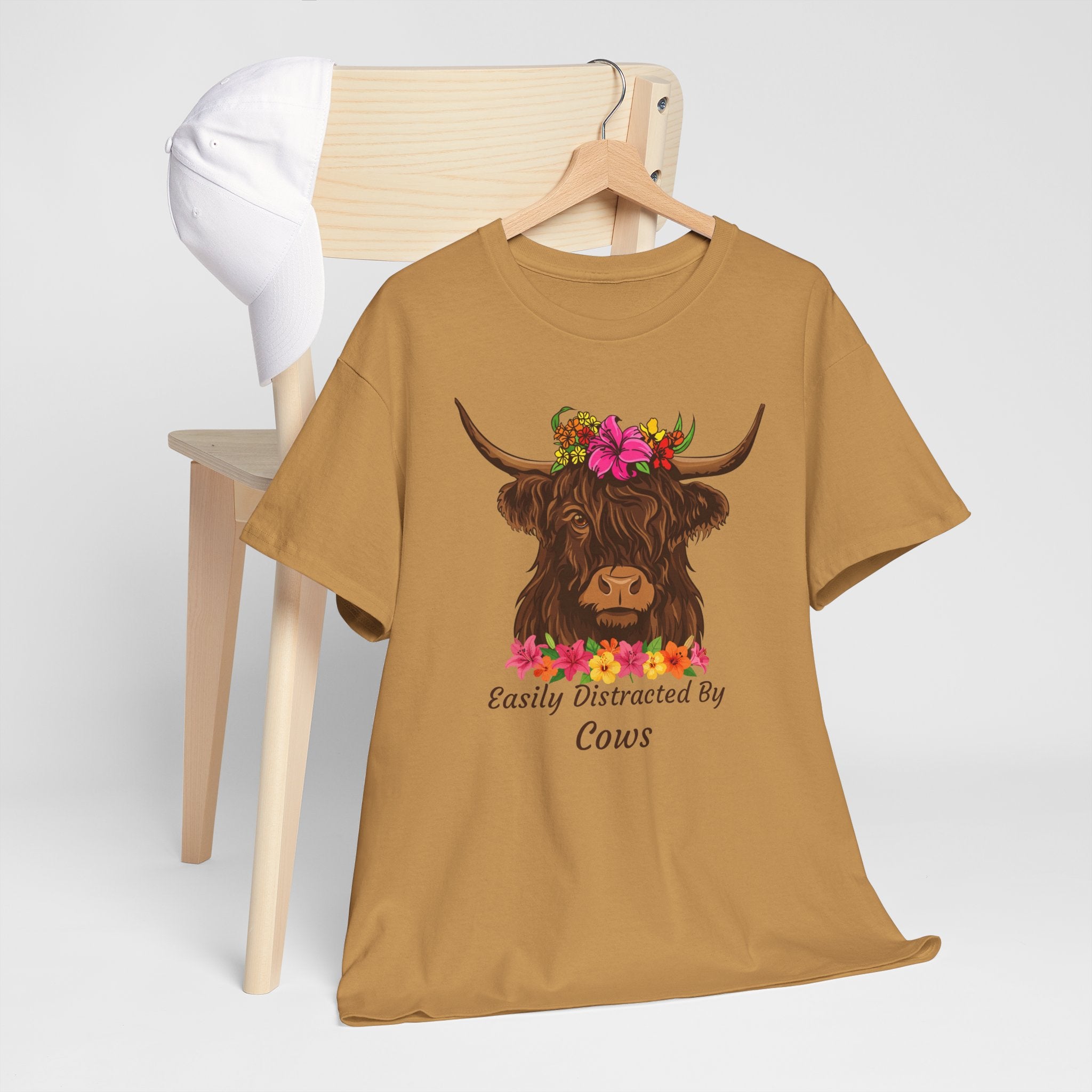 Highland Cow Floral Tee — "Easily Distracted by Cows" Cute Cow Graphic T-Shirt