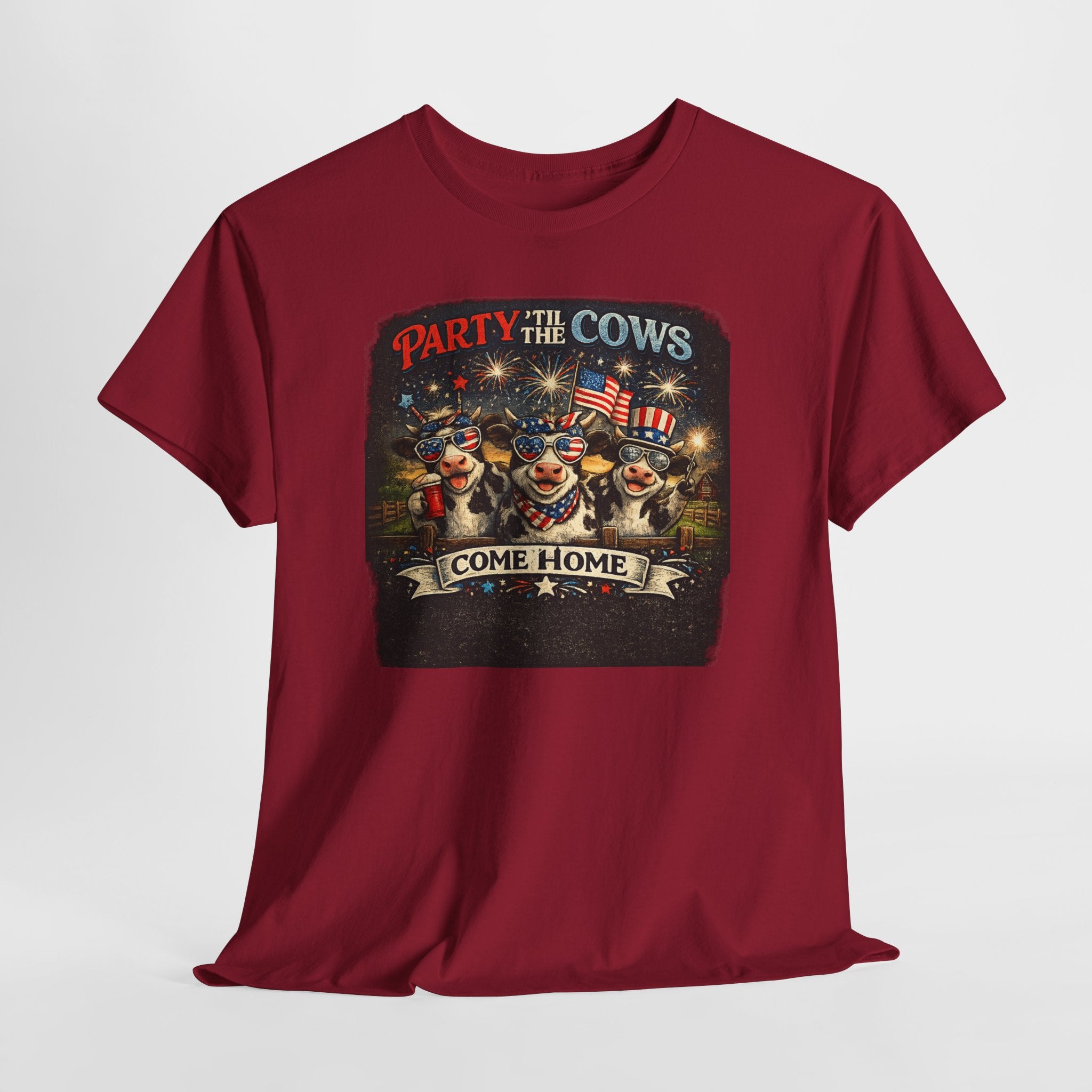 Independence Day 'Party 'Til the Cows Come Home' T-Shirt — Fireworks & Cow Graphic