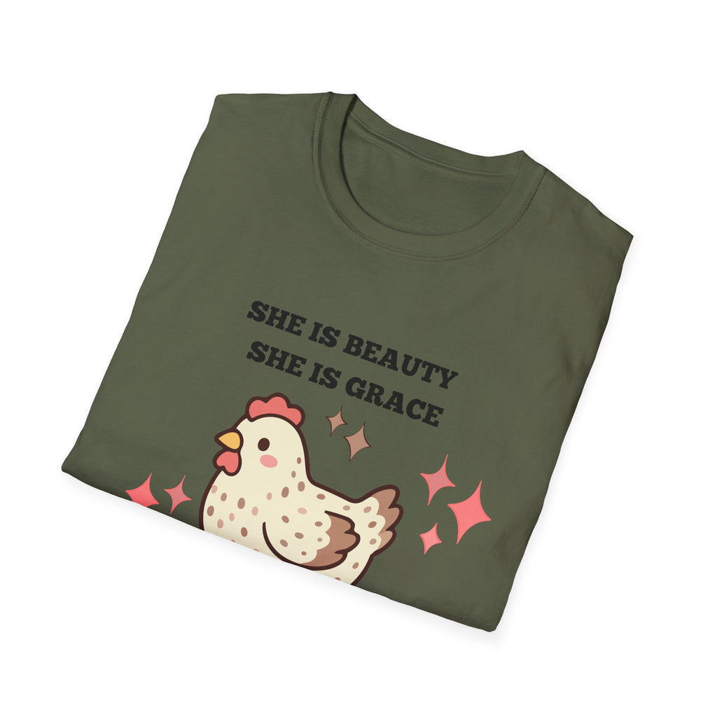 Chicken Tee — "She Is Beauty, She Is Grace, She Will Pech You in the Face" Funny Farm Animal T-Shirt