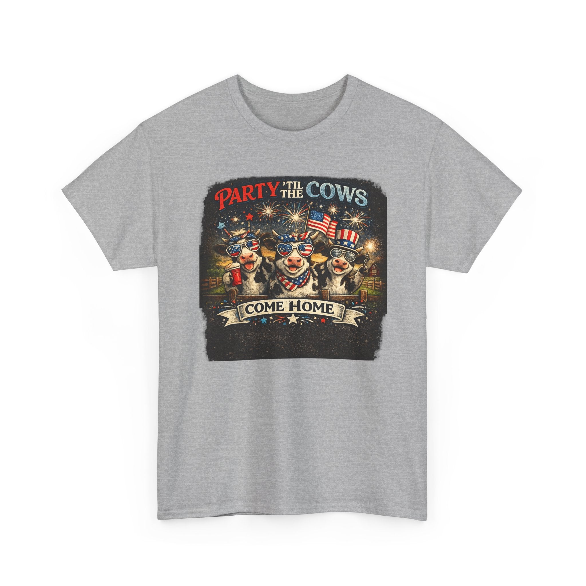 Independence Day 'Party 'Til the Cows Come Home' T-Shirt — Fireworks & Cow Graphic