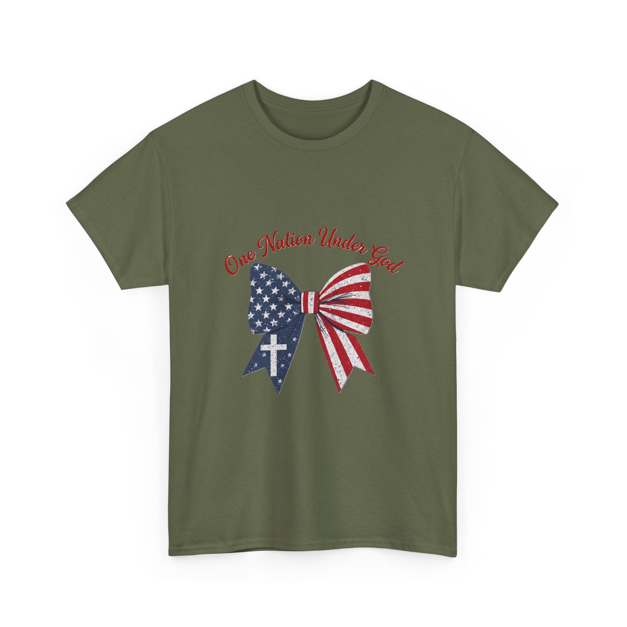 Patriotic Bow Tee — "One Nation Under God" American Flag Cross T-Shirt