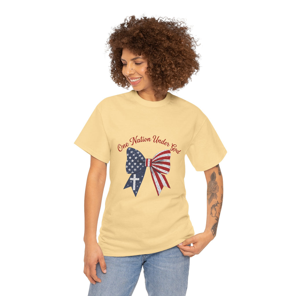 Patriotic Bow Tee — "One Nation Under God" American Flag Cross T-Shirt