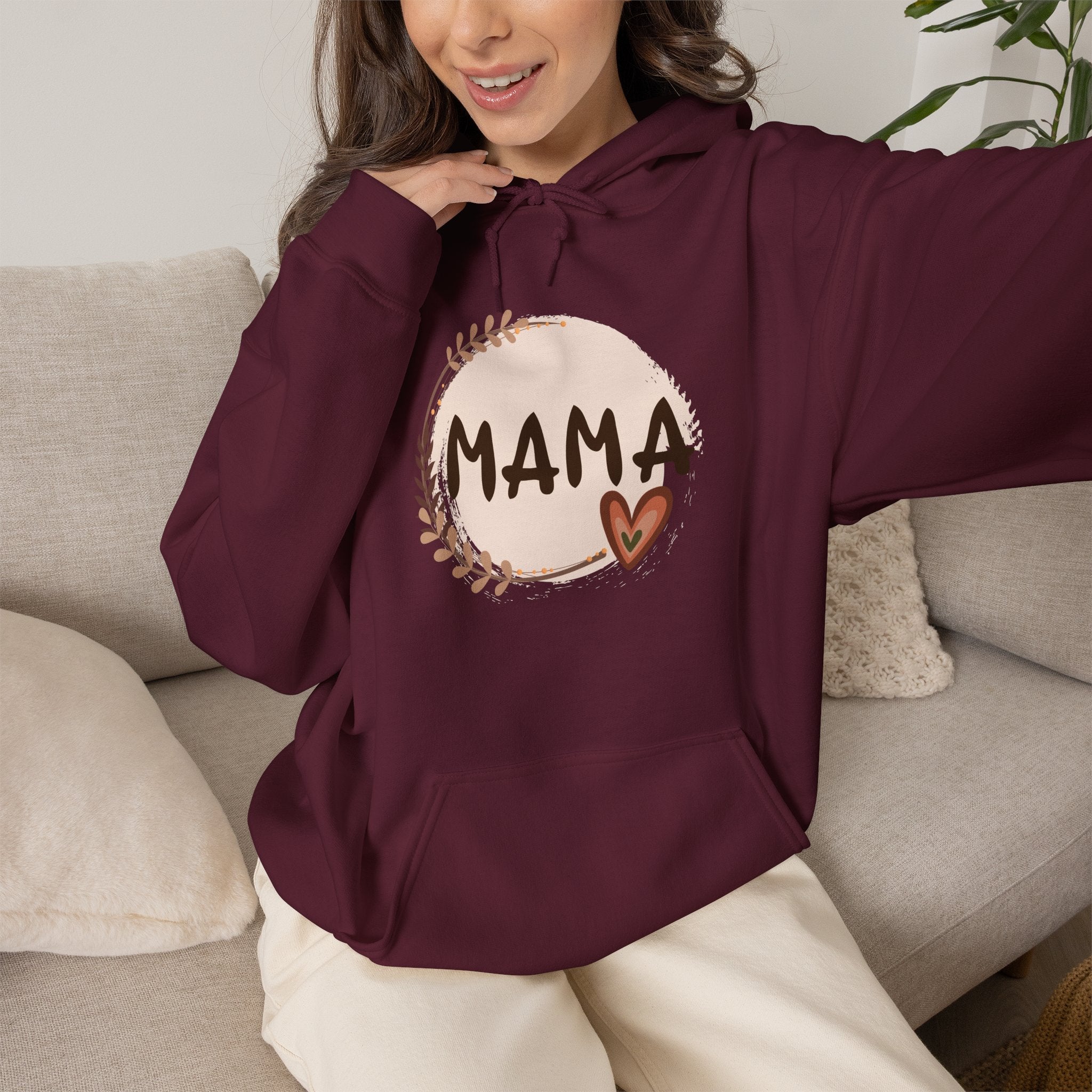 Mama Heart Hoodie — Soft Neutral Mom Sweatshirt, 'MAMA' Script with Heart & Wreath (Mother’s Day Gift)