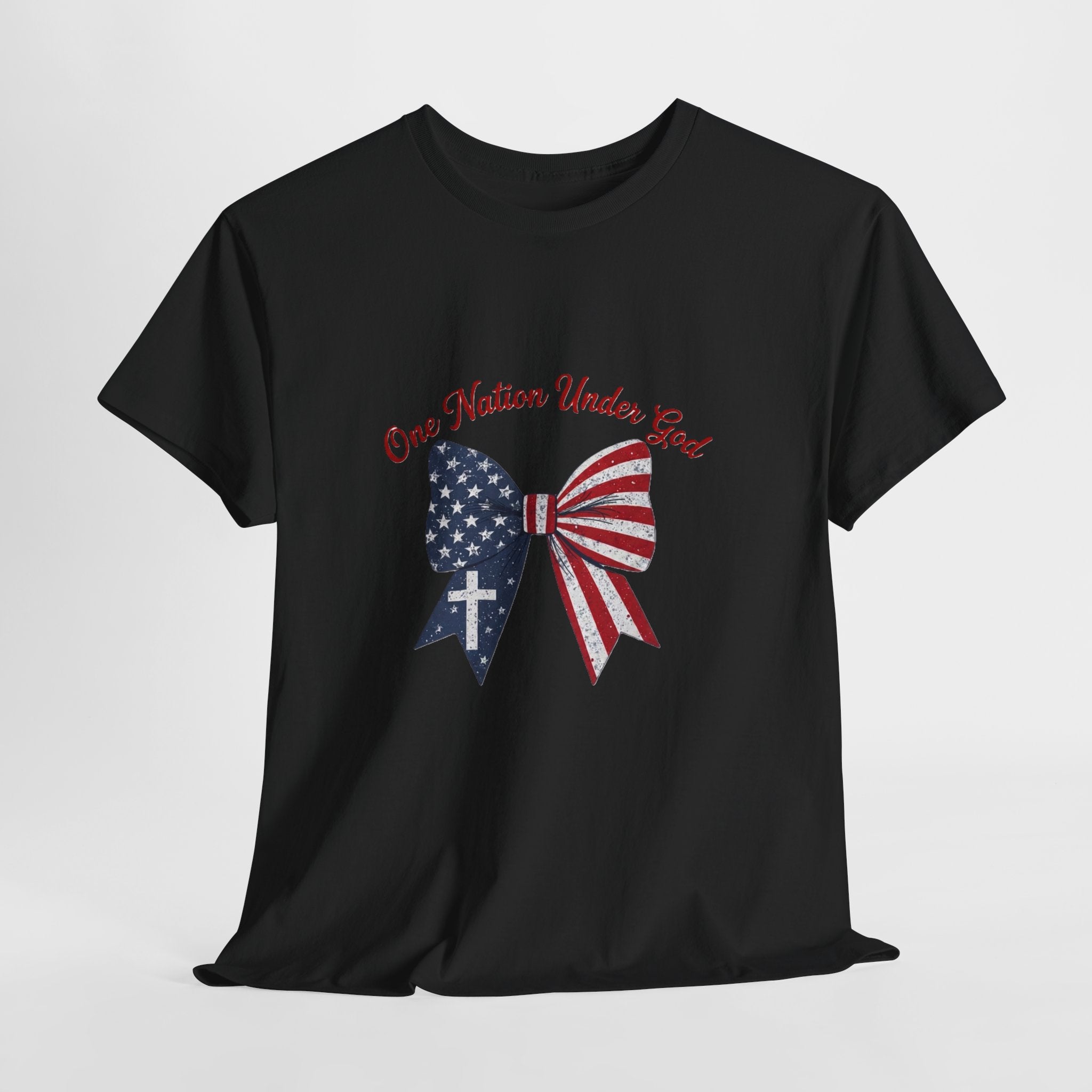 Patriotic Bow Tee — "One Nation Under God" American Flag Cross T-Shirt