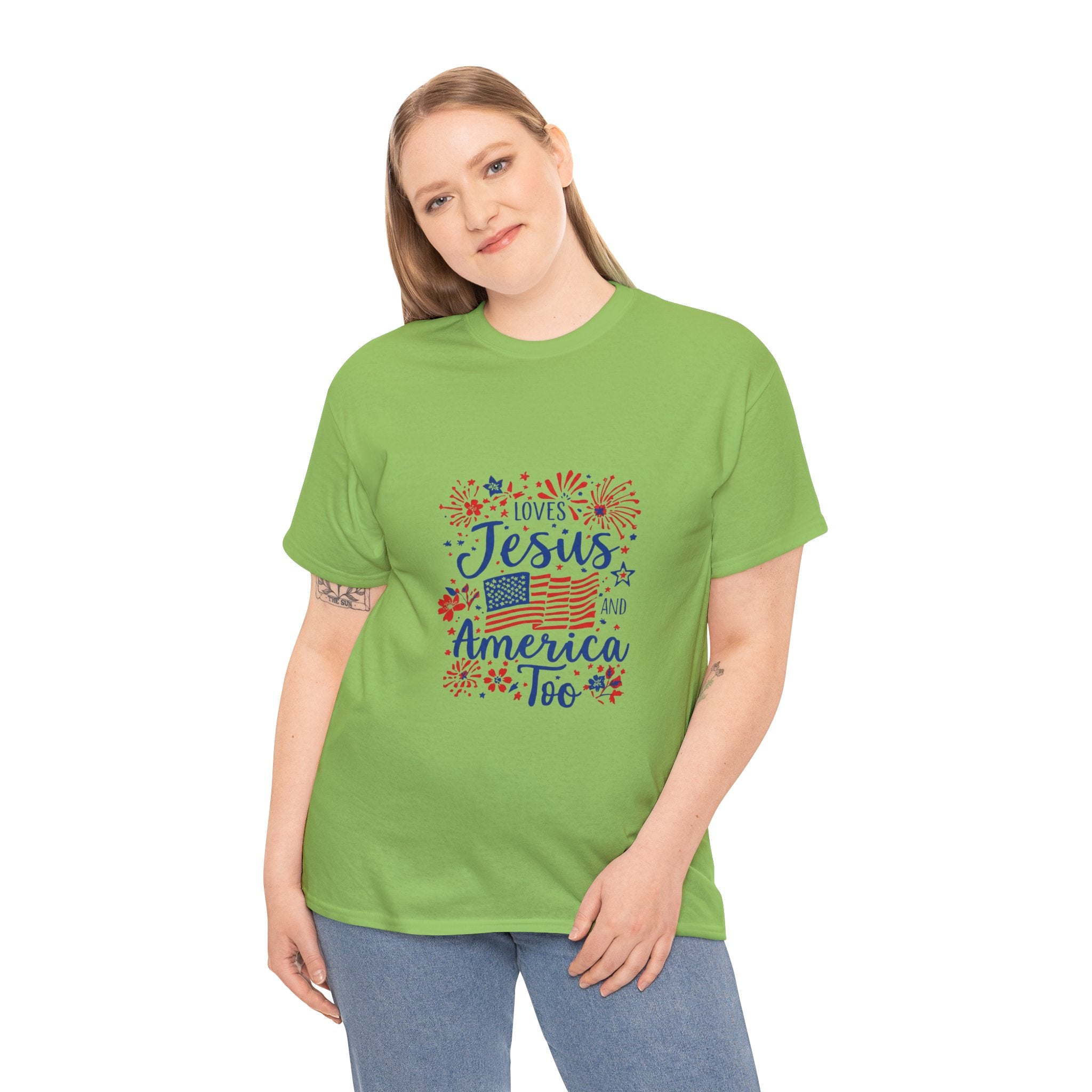 Jesus and America Tee — Patriotic Christian T-Shirt ("Loves Jesus and America Too")