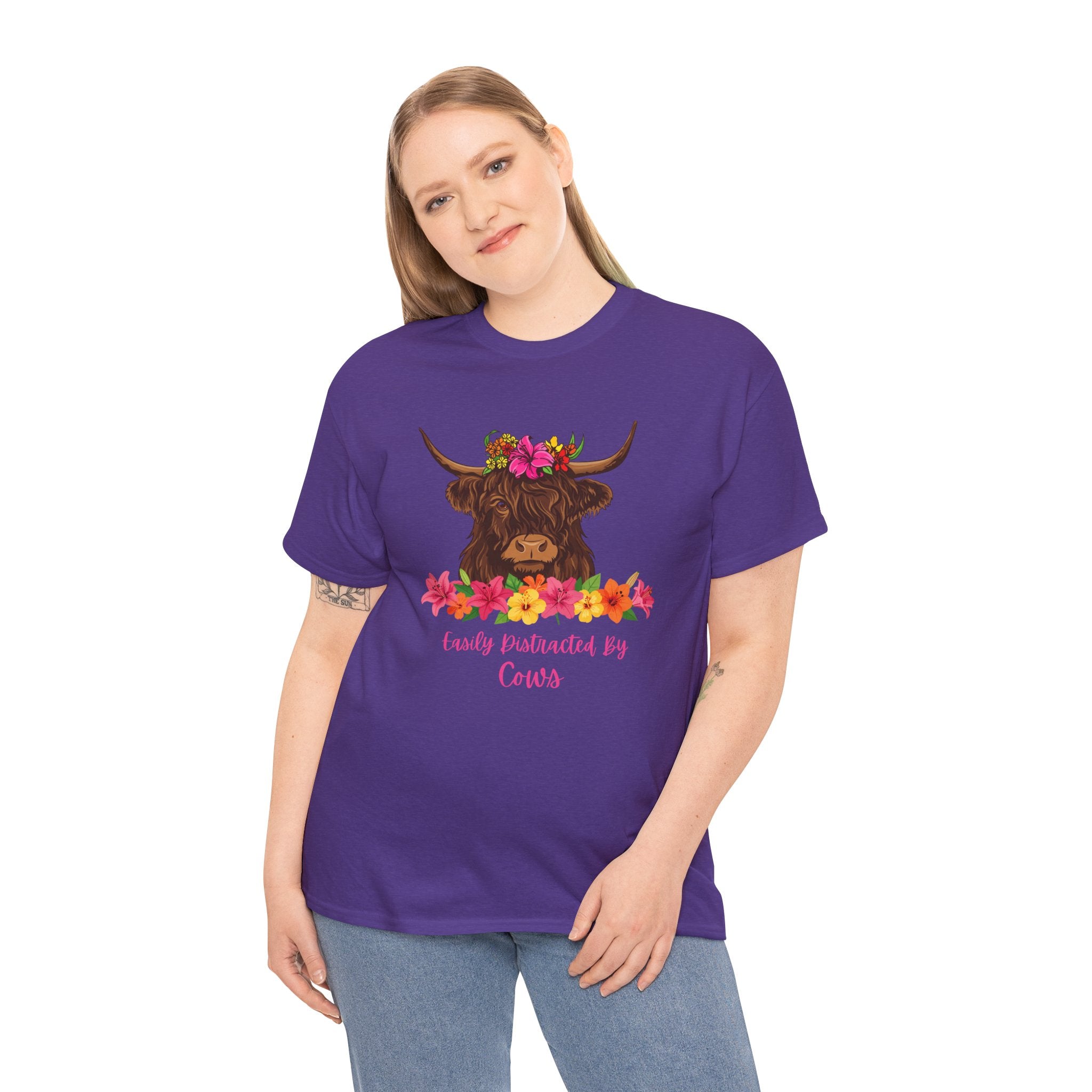 Cow Mom Floral Tee — 'Easily Distracted By Cows' Highland Cow Graphic Shirt