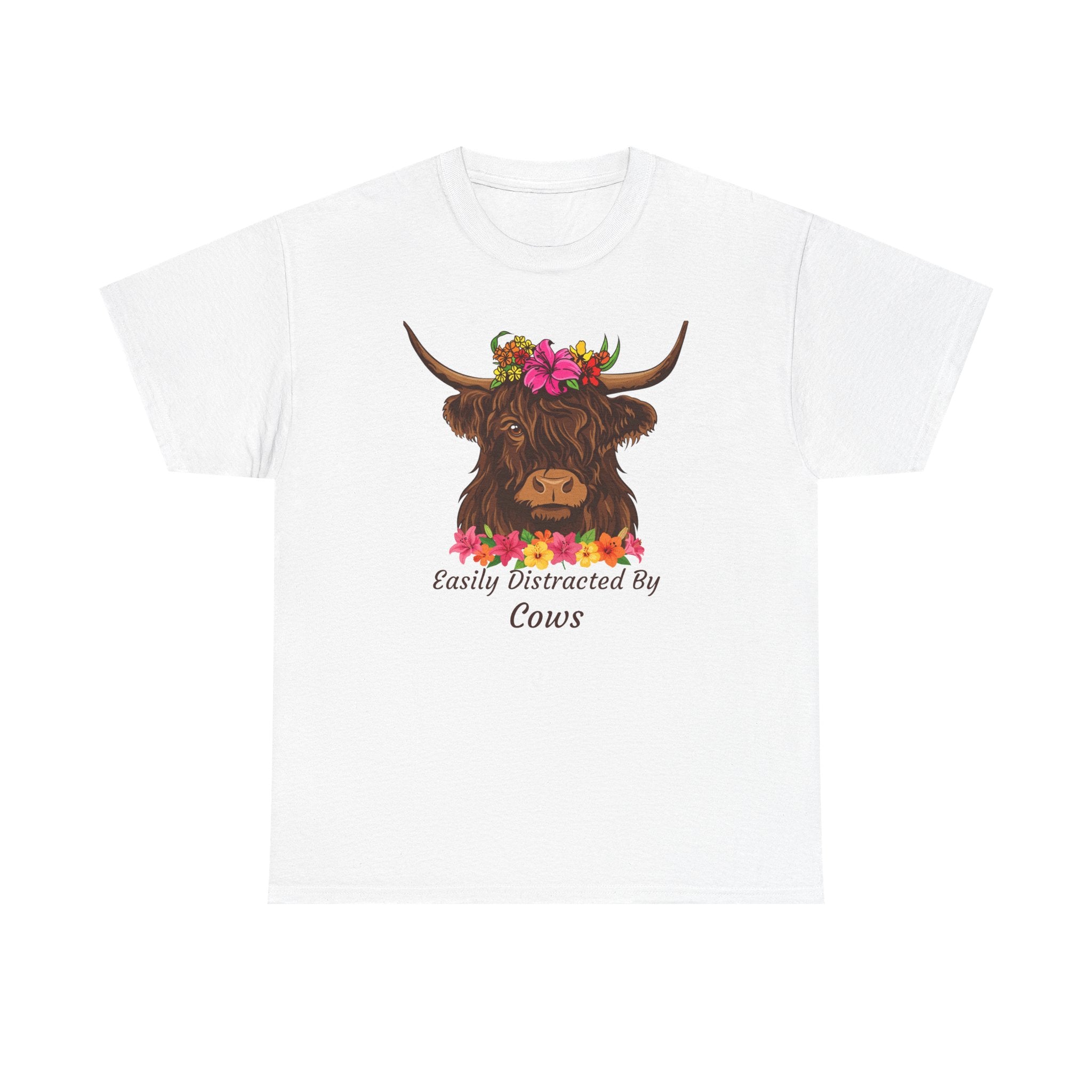 Highland Cow Floral Tee — "Easily Distracted by Cows" Cute Cow Graphic T-Shirt