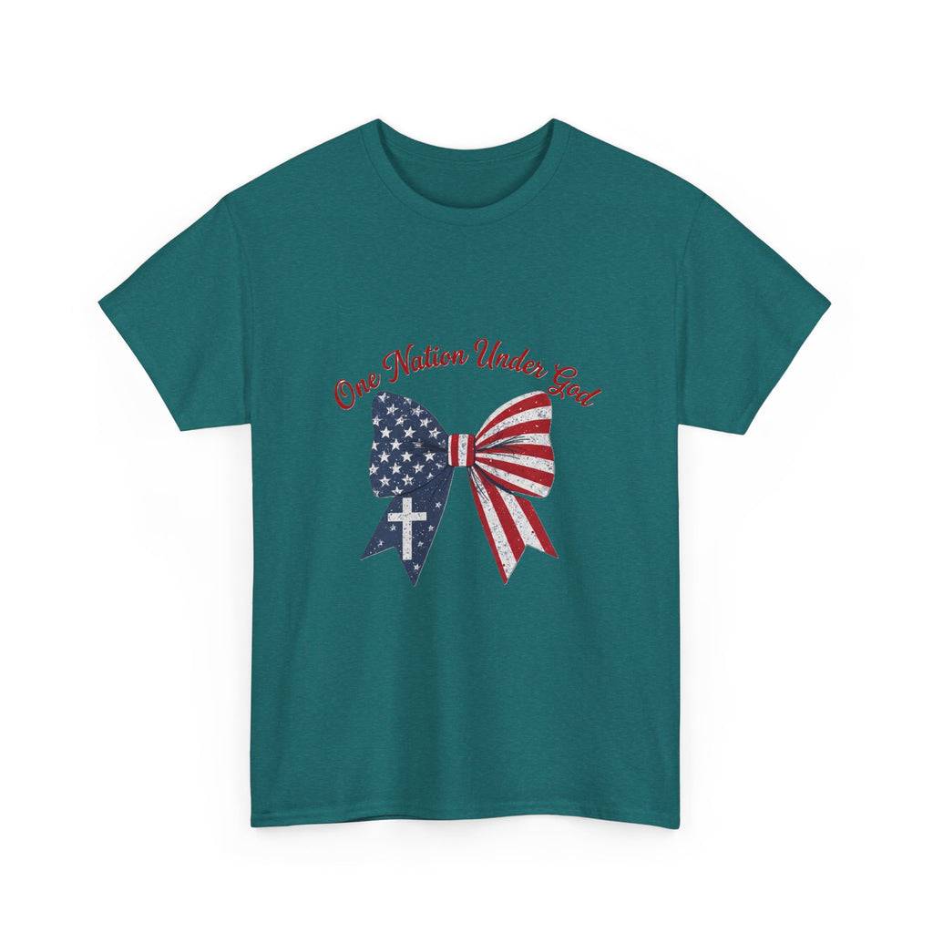 Patriotic Bow Tee — "One Nation Under God" American Flag Cross T-Shirt