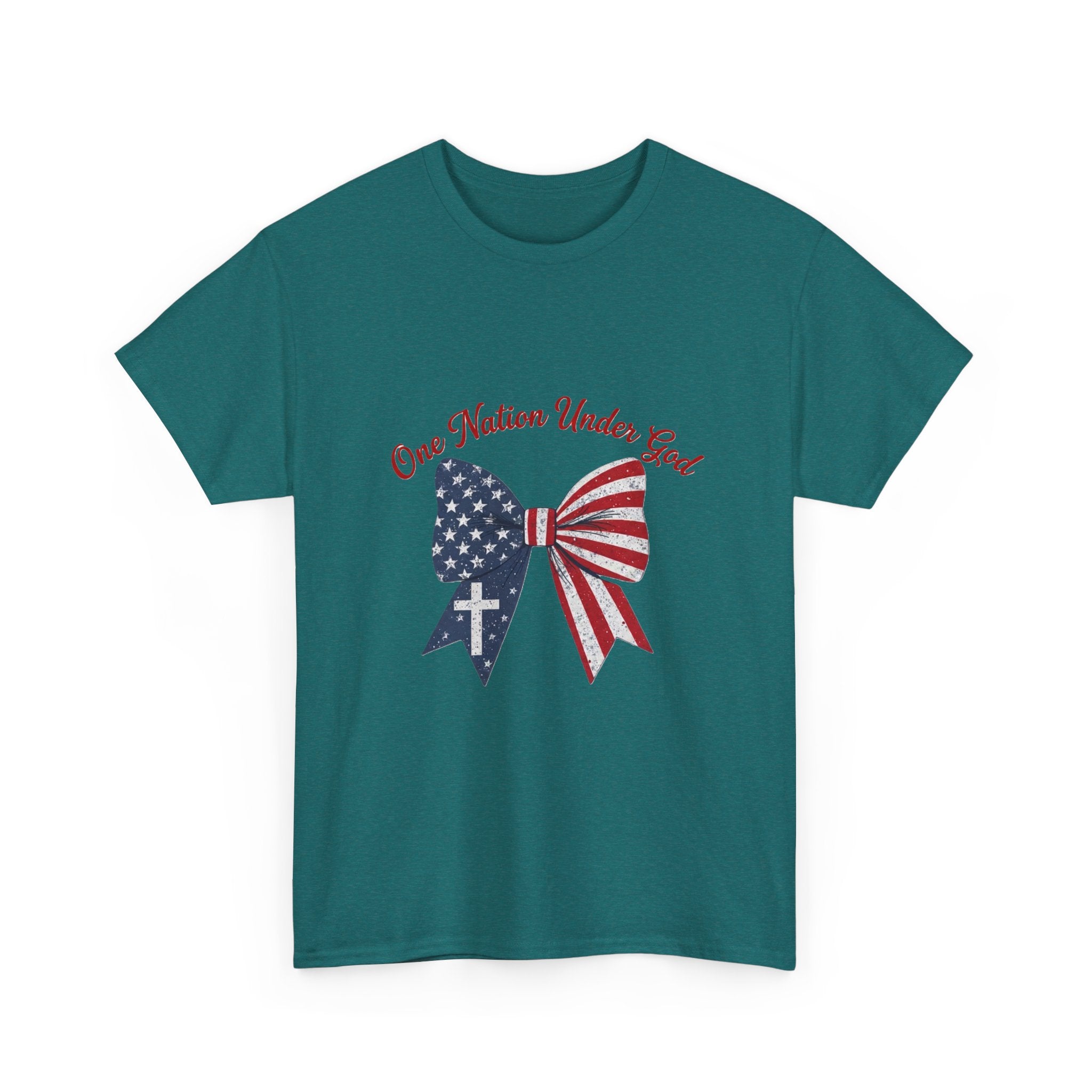 Patriotic Bow Tee — "One Nation Under God" American Flag Cross T-Shirt