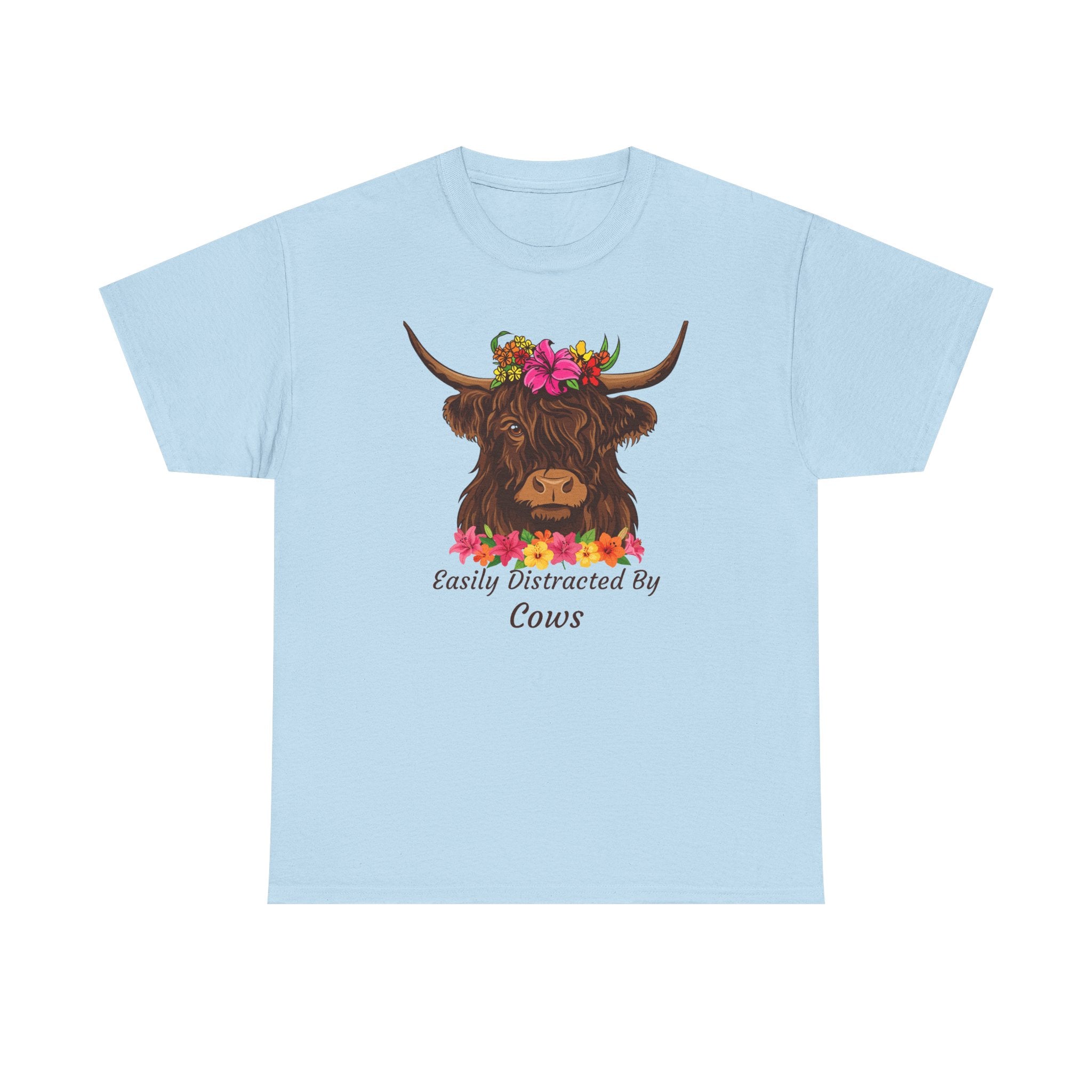 Highland Cow Floral Tee — "Easily Distracted by Cows" Cute Cow Graphic T-Shirt