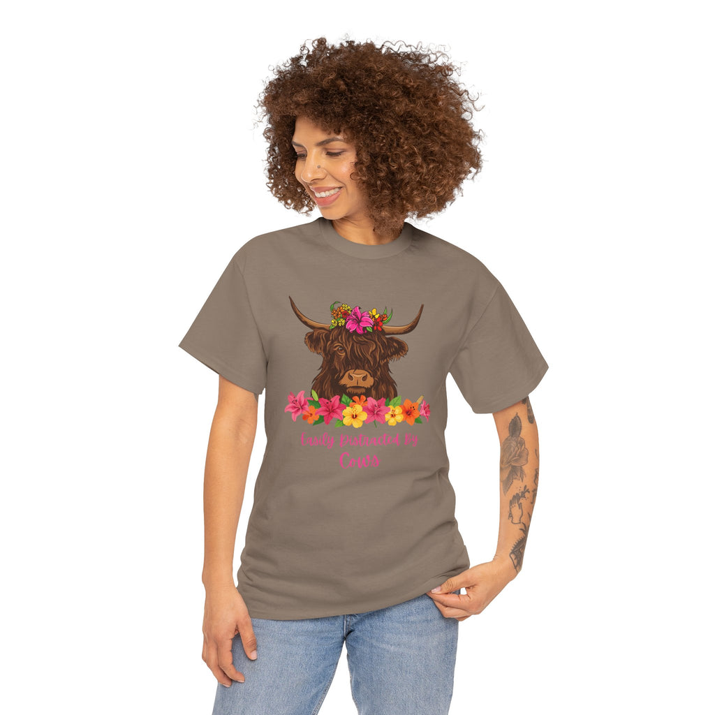 Cow Mom Floral Tee — 'Easily Distracted By Cows' Highland Cow Graphic Shirt