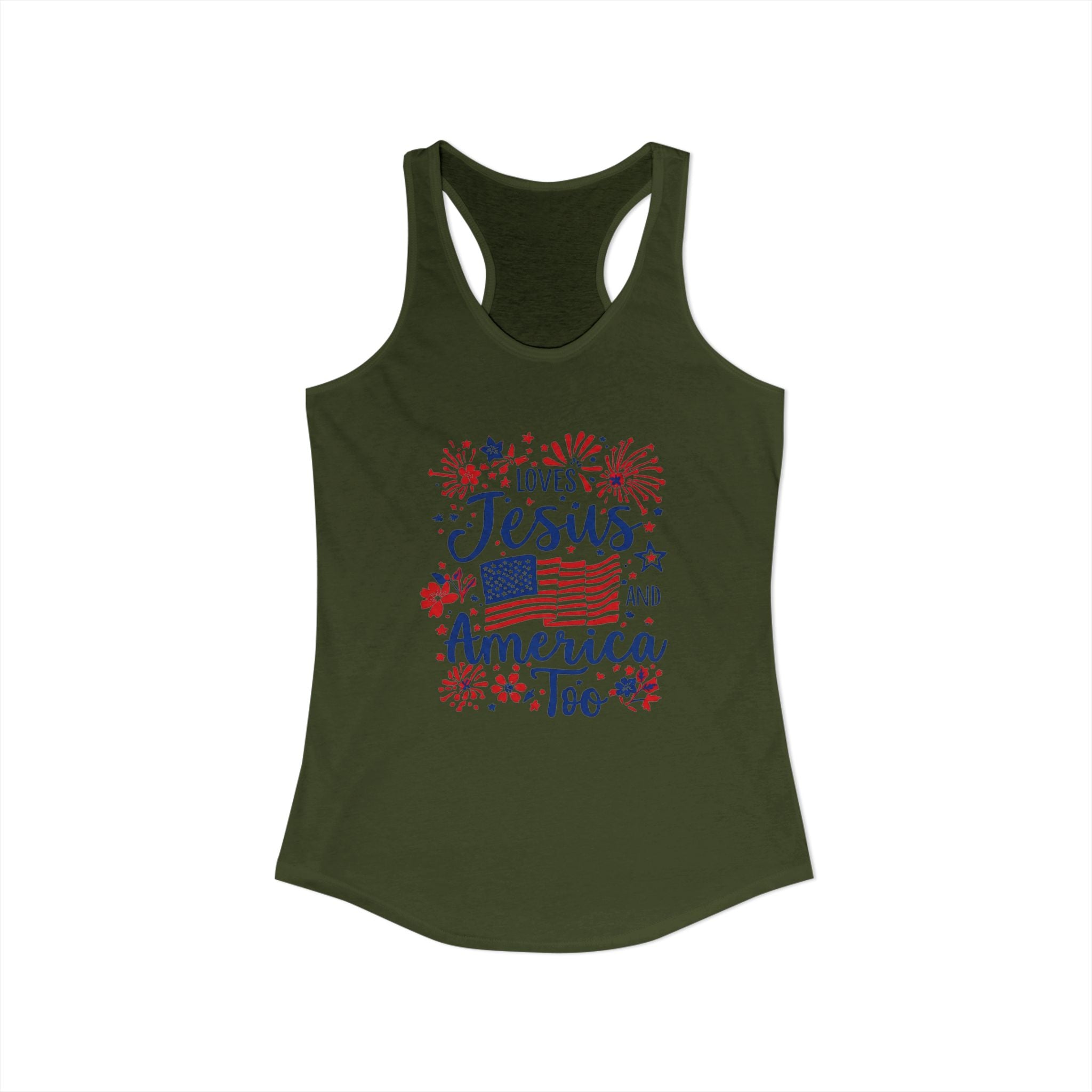 Loves Jesus and America Too Racerback Tank — Patriotic Christian Women's Tank