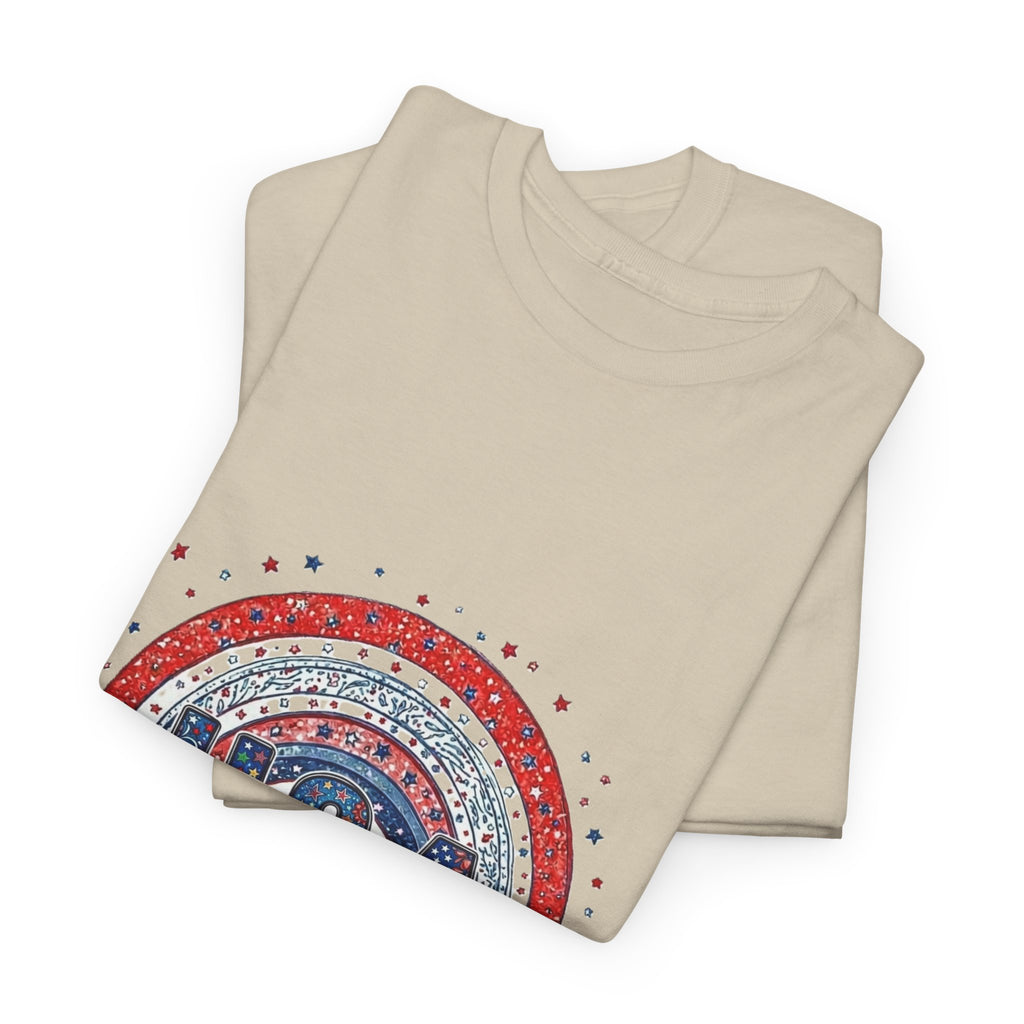 USA Retro Rainbow T-Shirt — Patriotic Fourth of July Tee with Stars & Flowers
