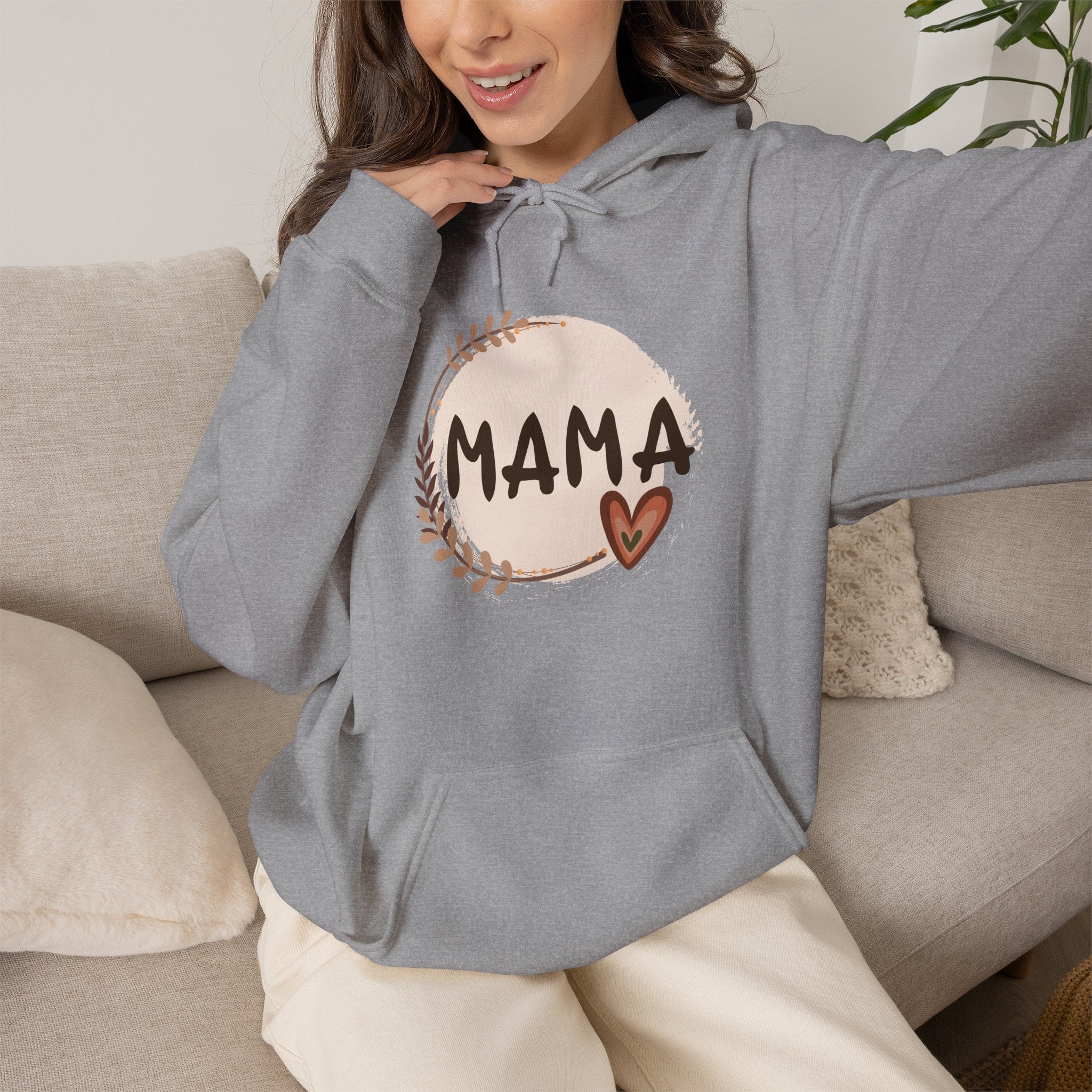 Mama Heart Hoodie — Soft Neutral Mom Sweatshirt, 'MAMA' Script with Heart & Wreath (Mother’s Day Gift)