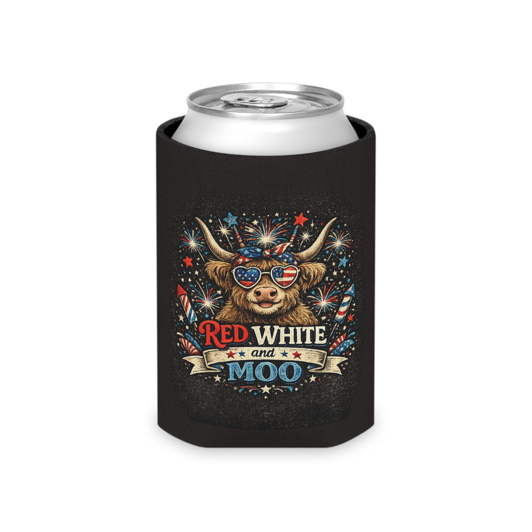 Patriotic 'Red White and Moo' Can Cooler — 4th of July Beer Koozie