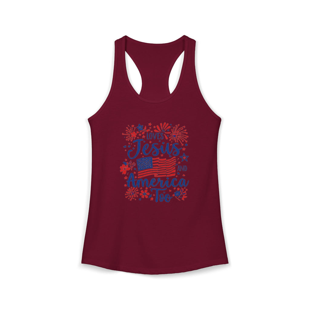 Loves Jesus and America Too Racerback Tank — Patriotic Christian Women's Tank