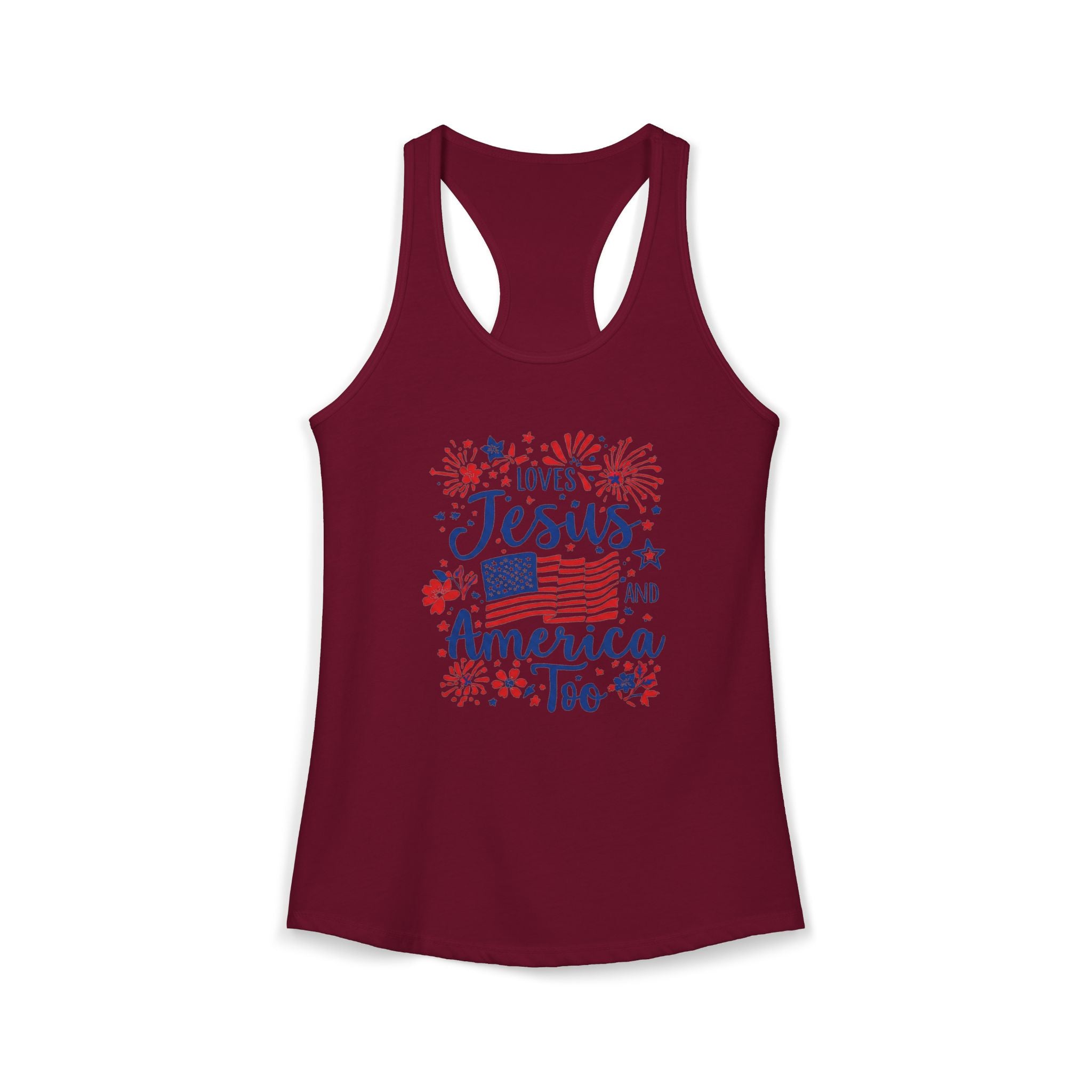 Loves Jesus and America Too Racerback Tank — Patriotic Christian Women's Tank