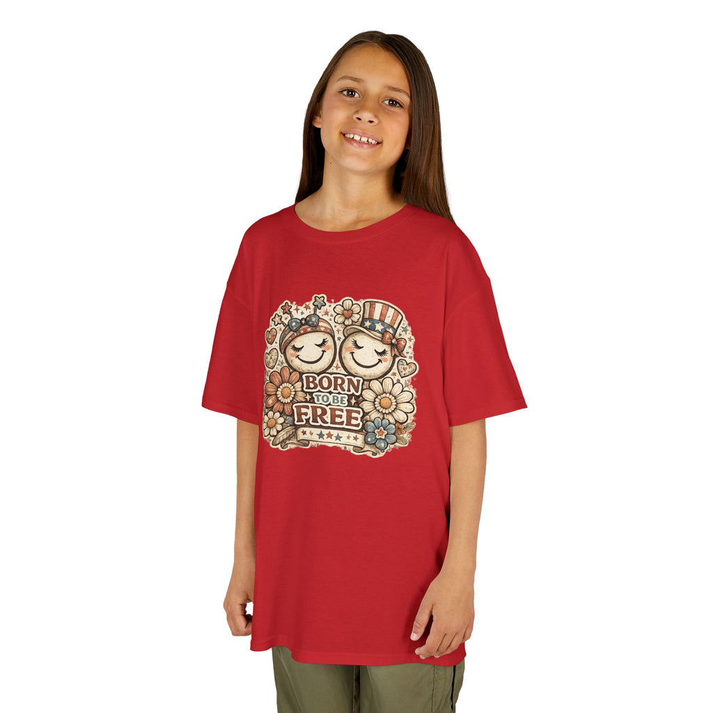 Kids T-Shirt – 'Born Free' Retro Smiley Flower Graphic