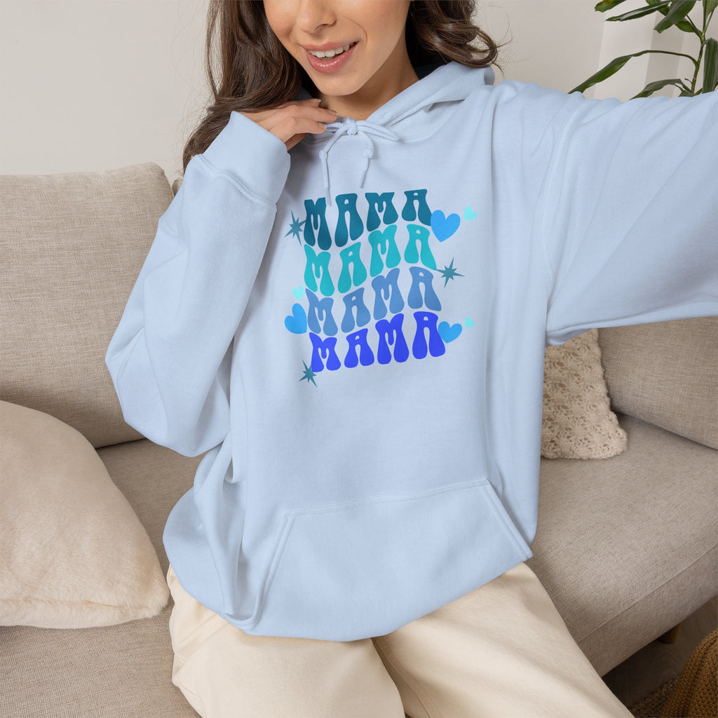 Mama Heart Crewneck Hoodie – Blue Gradient “MAMA” Graphic Sweatshirt