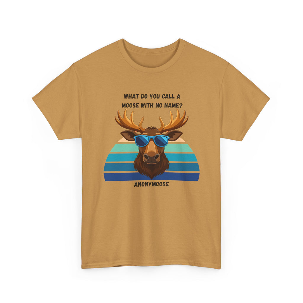 Funny Moose T-Shirt — 'What Do You Call a Moose With No Name? Anonymoose' Retro Sunglasses Tee