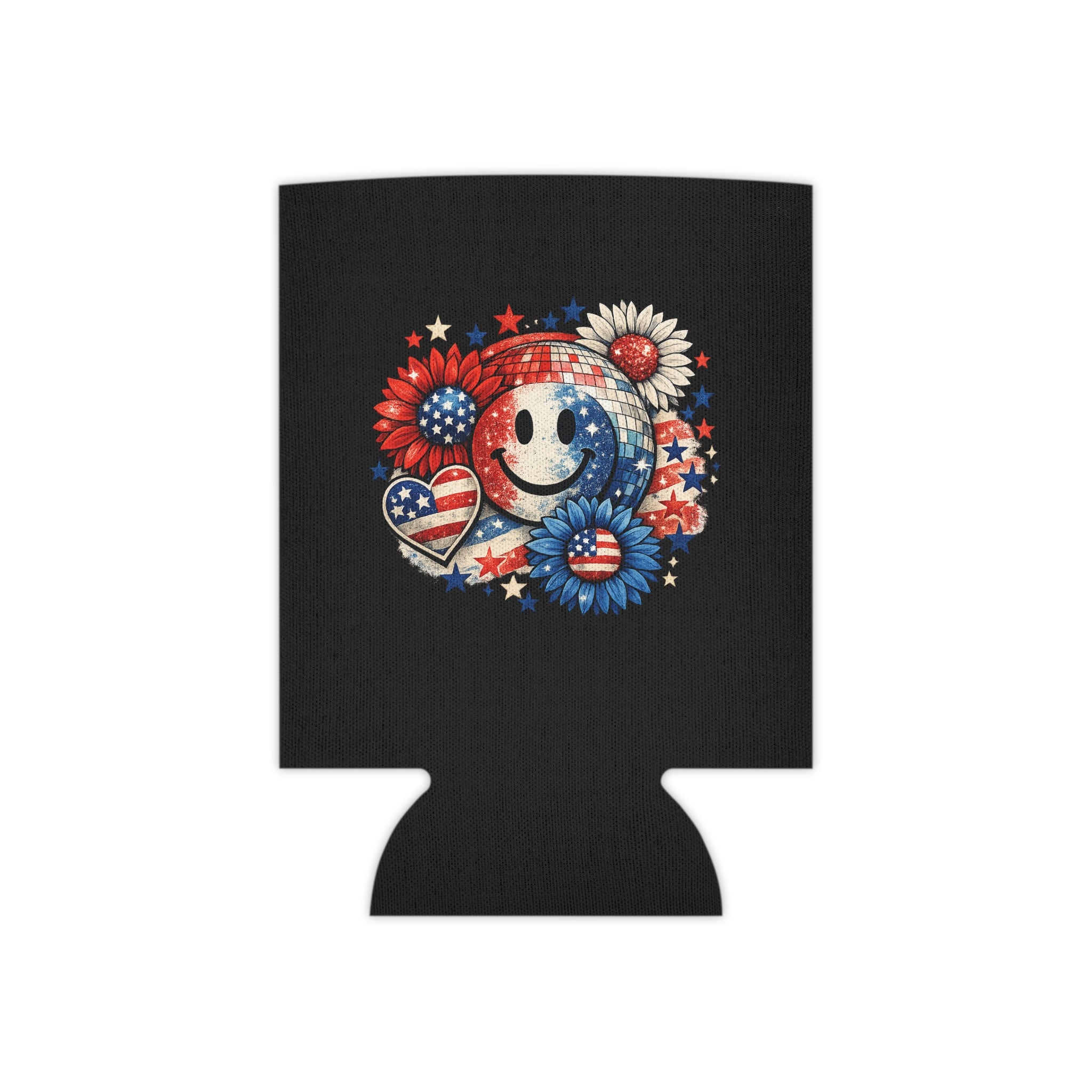 Patriotic Smile Can Cooler — 4th of July American Flag Floral Beer Koozie