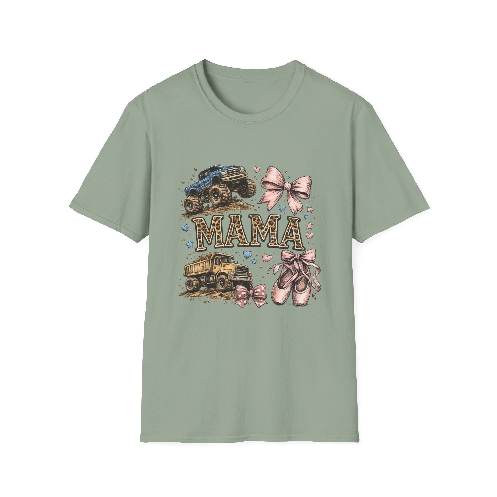 Mama Jeep & Ballet Shoes T-Shirt — 'MAMA' Graphic Tee with Trucks, Bows & Ballet Slippers