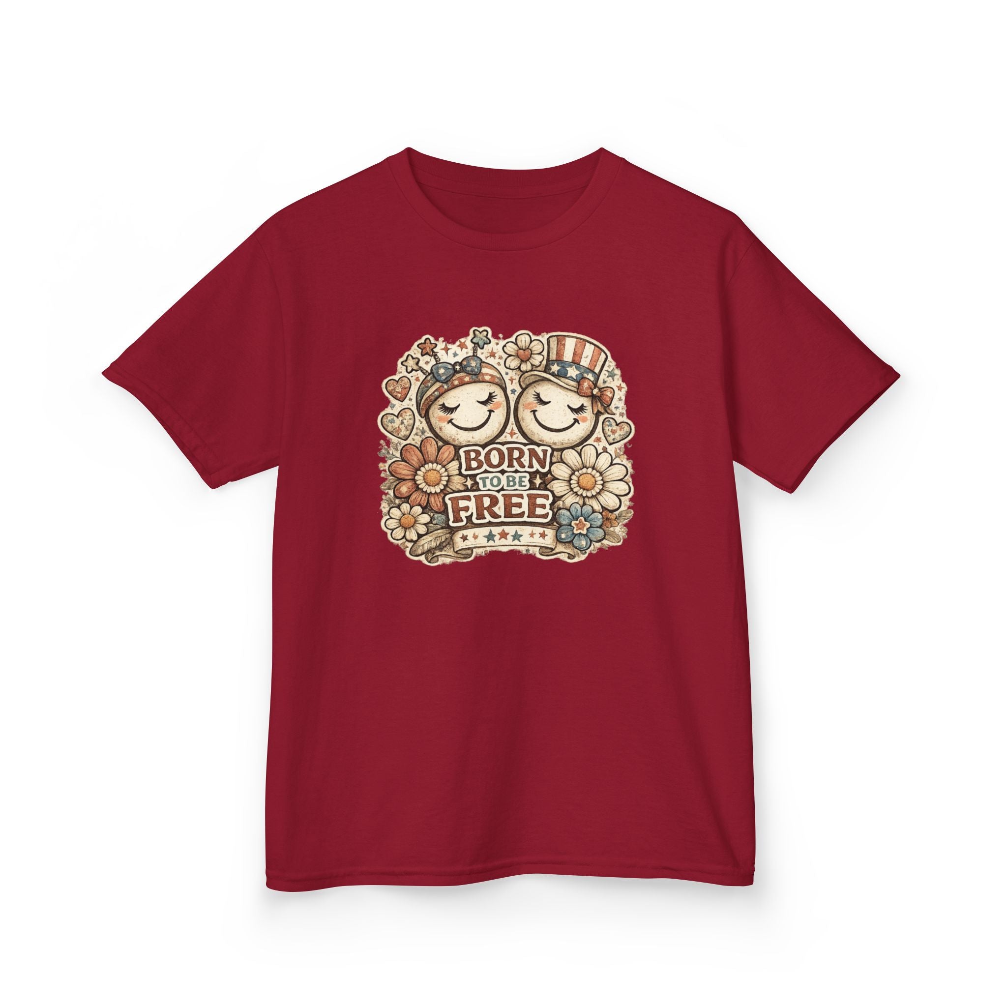 Kids T-Shirt – 'Born Free' Retro Smiley Flower Graphic
