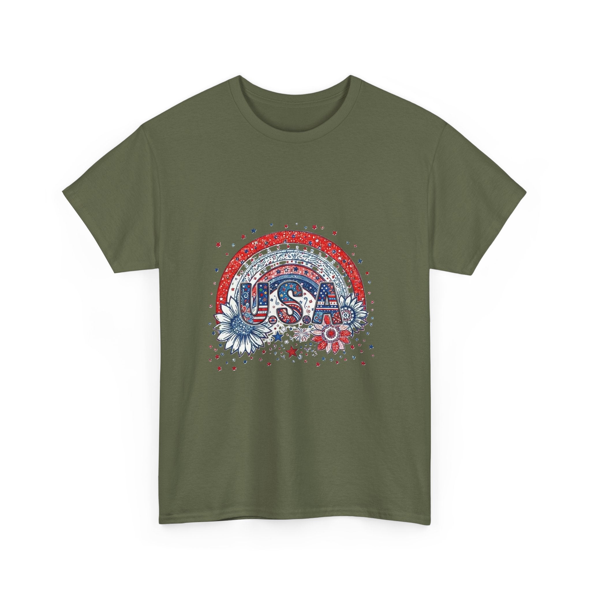 USA Retro Rainbow T-Shirt — Patriotic Fourth of July Tee with Stars & Flowers
