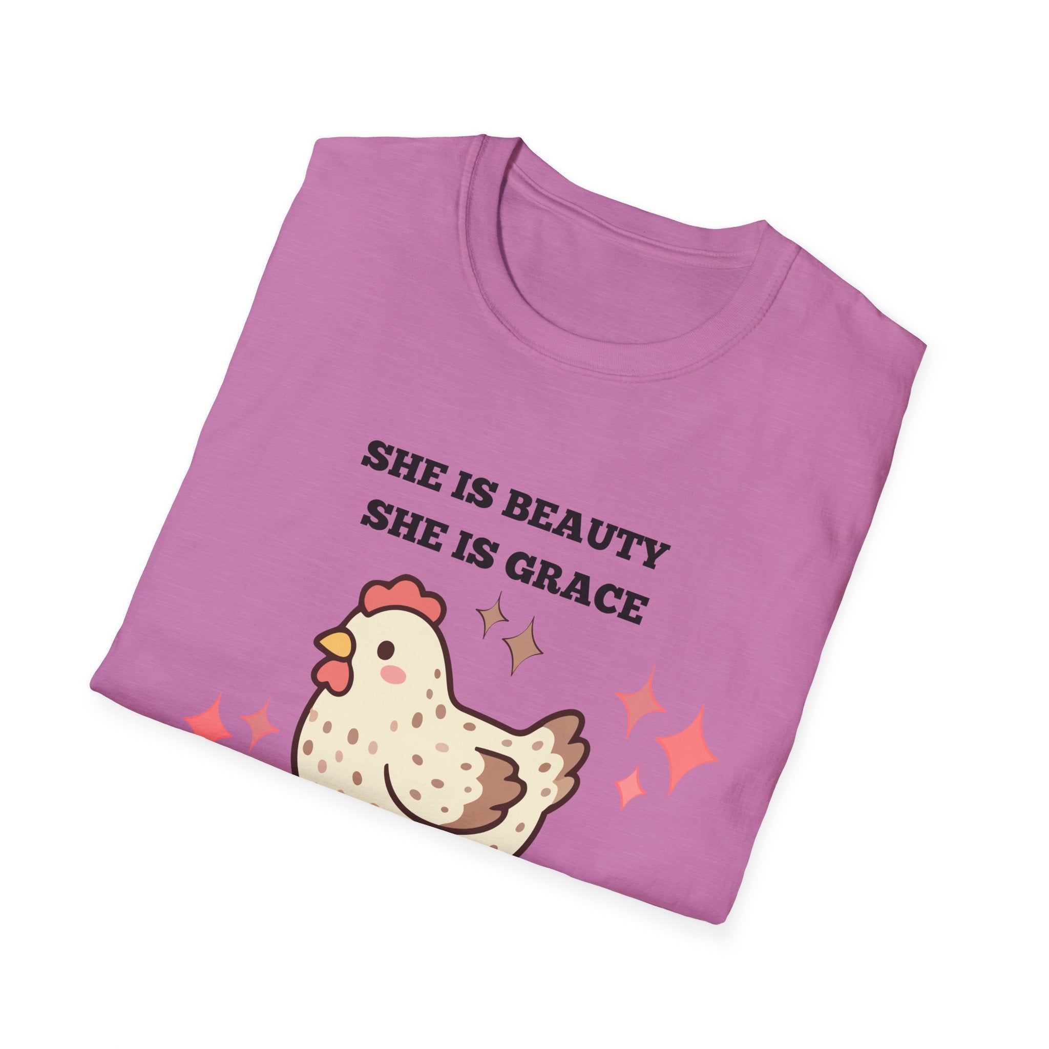 Chicken Tee — "She Is Beauty, She Is Grace, She Will Pech You in the Face" Funny Farm Animal T-Shirt