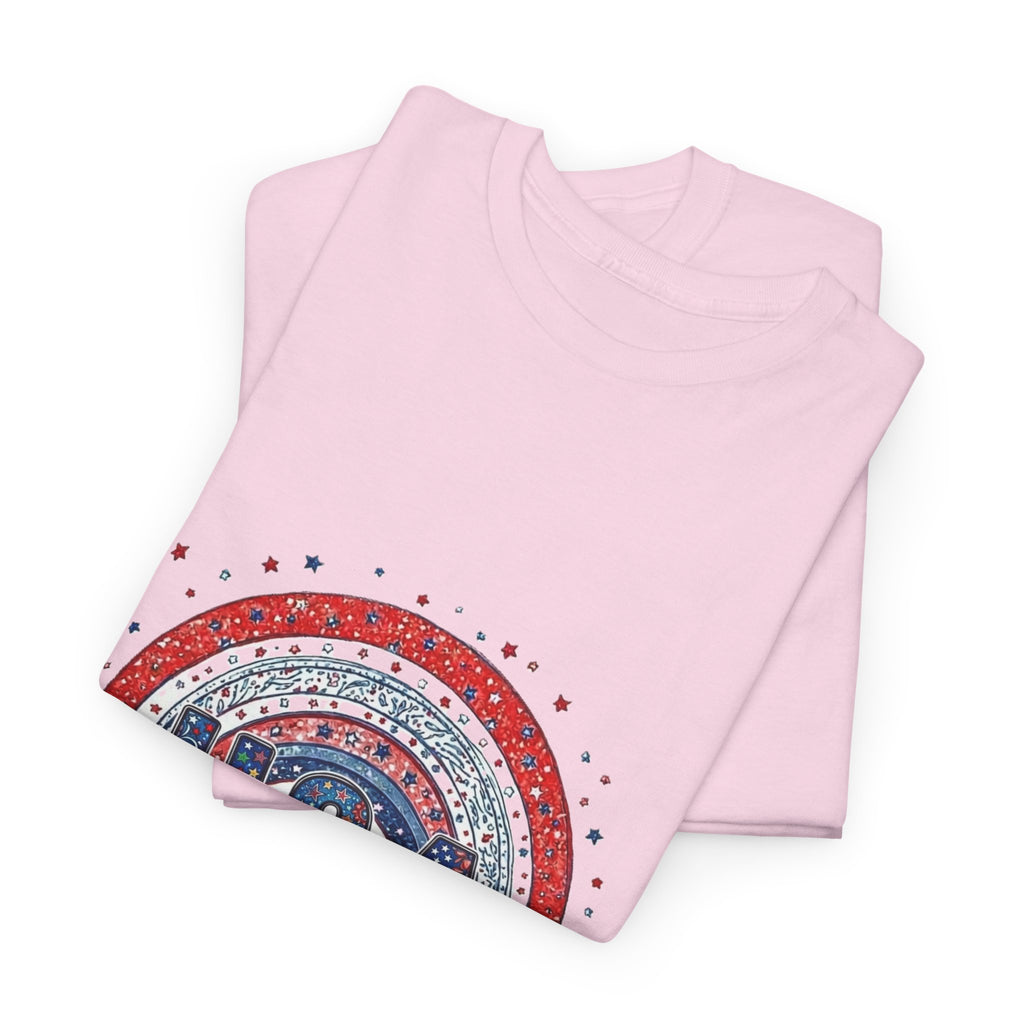 USA Retro Rainbow T-Shirt — Patriotic Fourth of July Tee with Stars & Flowers