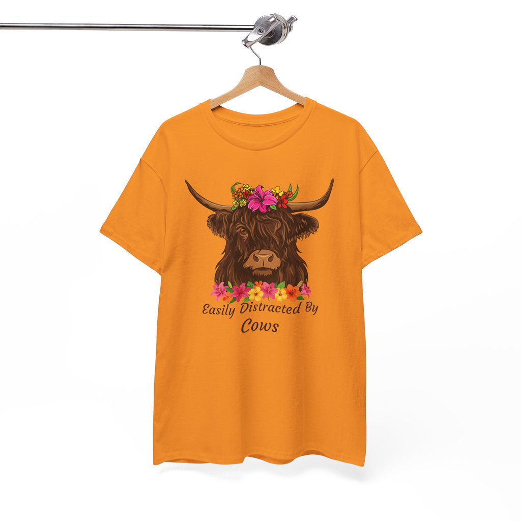 Highland Cow Floral Tee — "Easily Distracted by Cows" Cute Cow Graphic T-Shirt