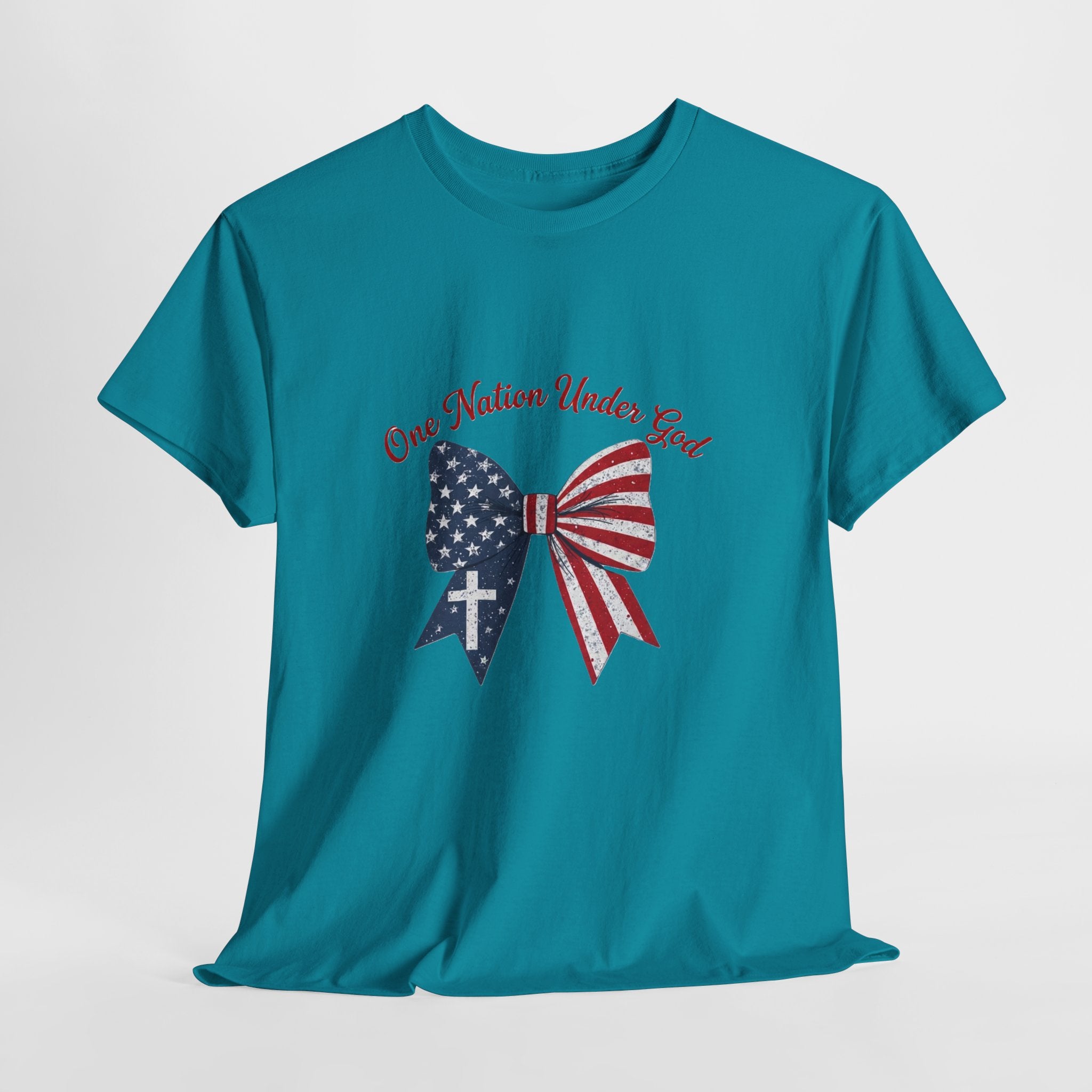Patriotic Bow Tee — "One Nation Under God" American Flag Cross T-Shirt
