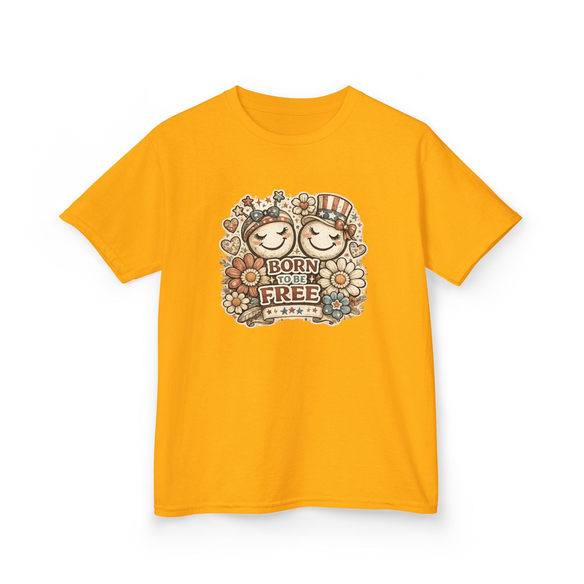 Kids T-Shirt – 'Born Free' Retro Smiley Flower Graphic