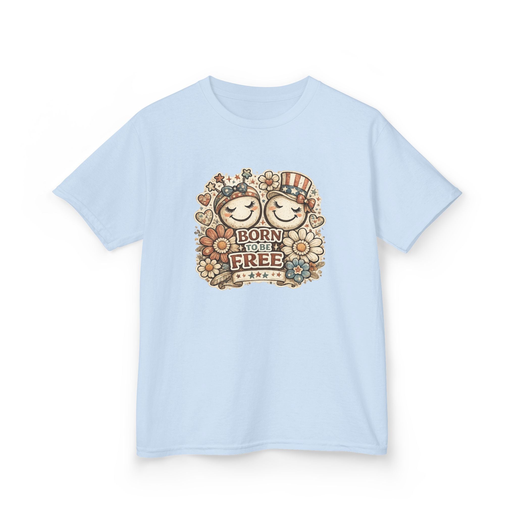 Kids T-Shirt – 'Born Free' Retro Smiley Flower Graphic