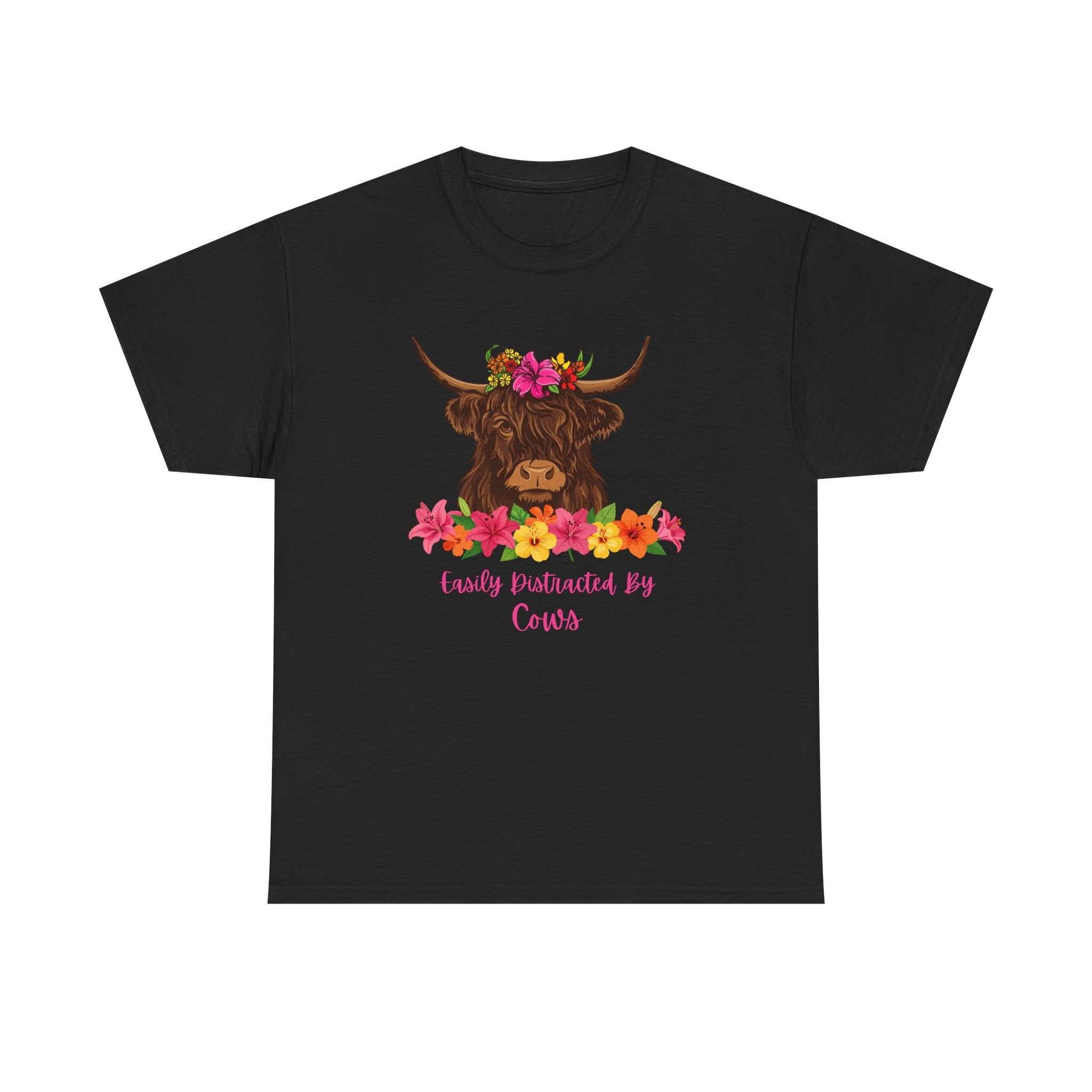 Cow Mom Floral Tee — 'Easily Distracted By Cows' Highland Cow Graphic Shirt