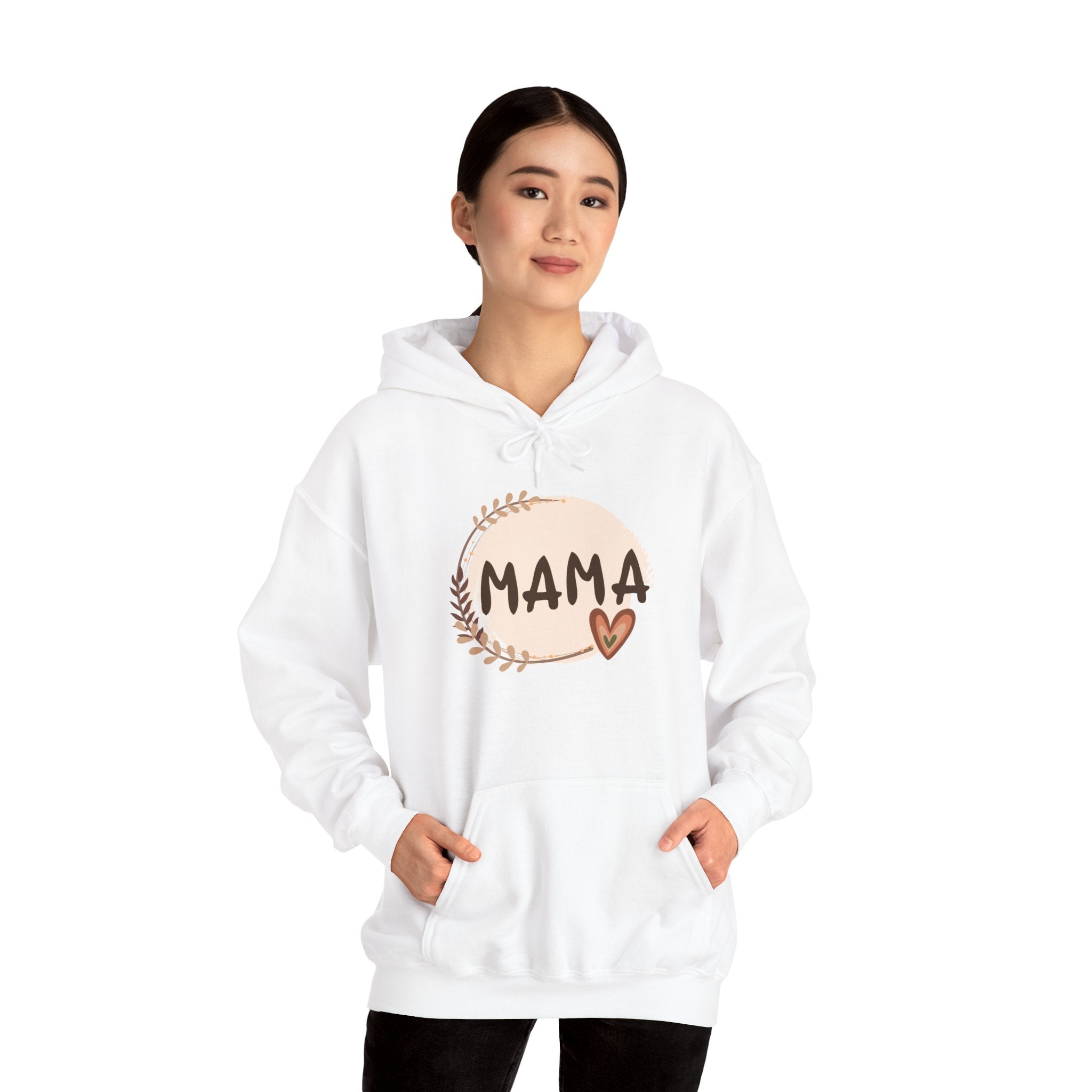 Mama Heart Hoodie — Soft Neutral Mom Sweatshirt, 'MAMA' Script with Heart & Wreath (Mother’s Day Gift)