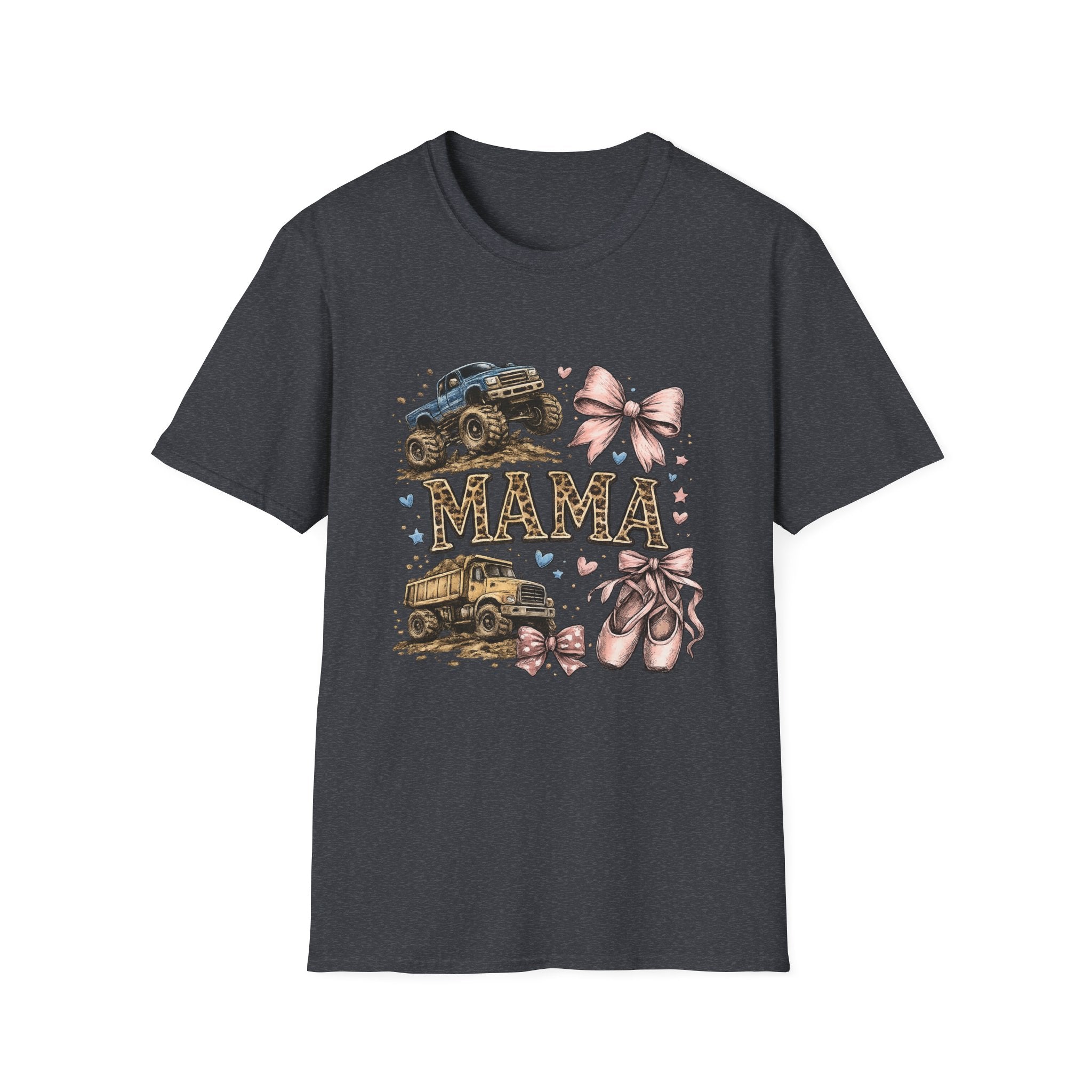 Mama Jeep & Ballet Shoes T-Shirt — 'MAMA' Graphic Tee with Trucks, Bows & Ballet Slippers
