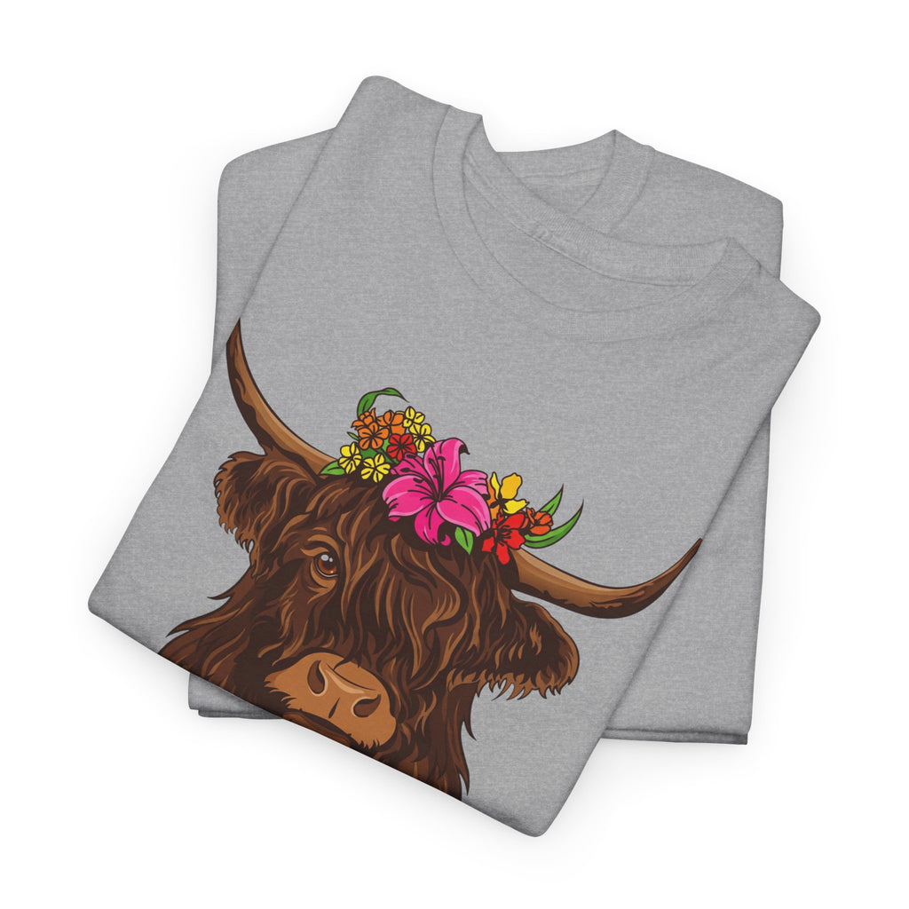 Highland Cow Floral Tee — "Easily Distracted by Cows" Cute Cow Graphic T-Shirt