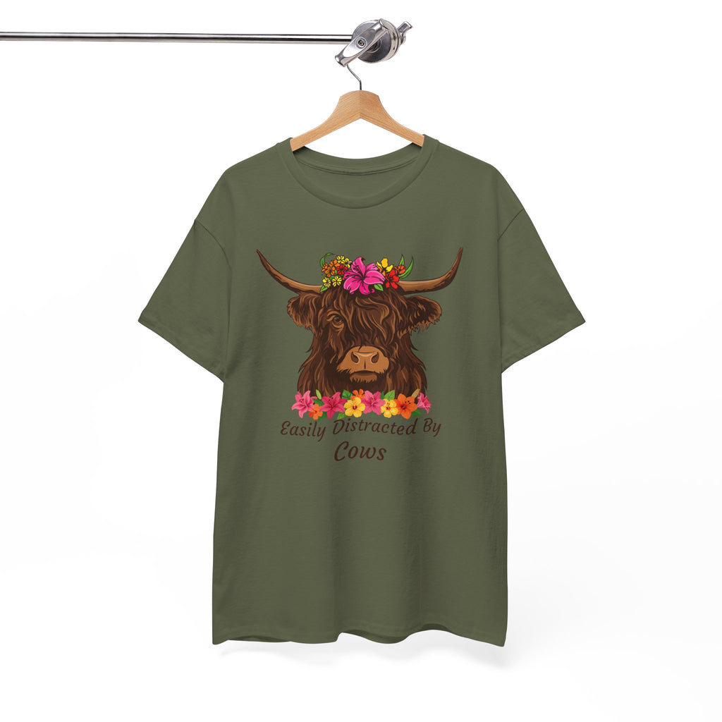 Highland Cow Floral Tee — "Easily Distracted by Cows" Cute Cow Graphic T-Shirt