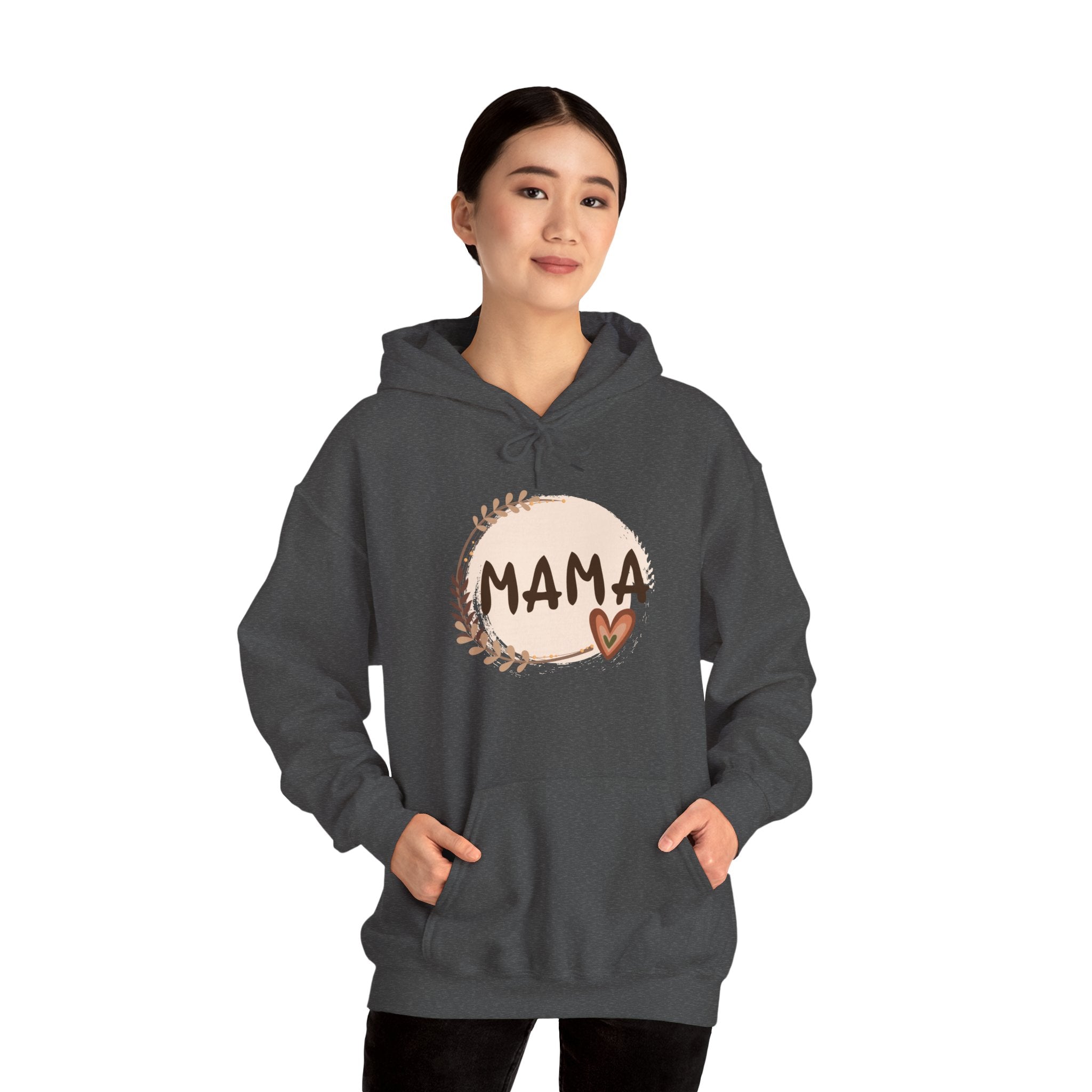 Mama Heart Hoodie — Soft Neutral Mom Sweatshirt, 'MAMA' Script with Heart & Wreath (Mother’s Day Gift)
