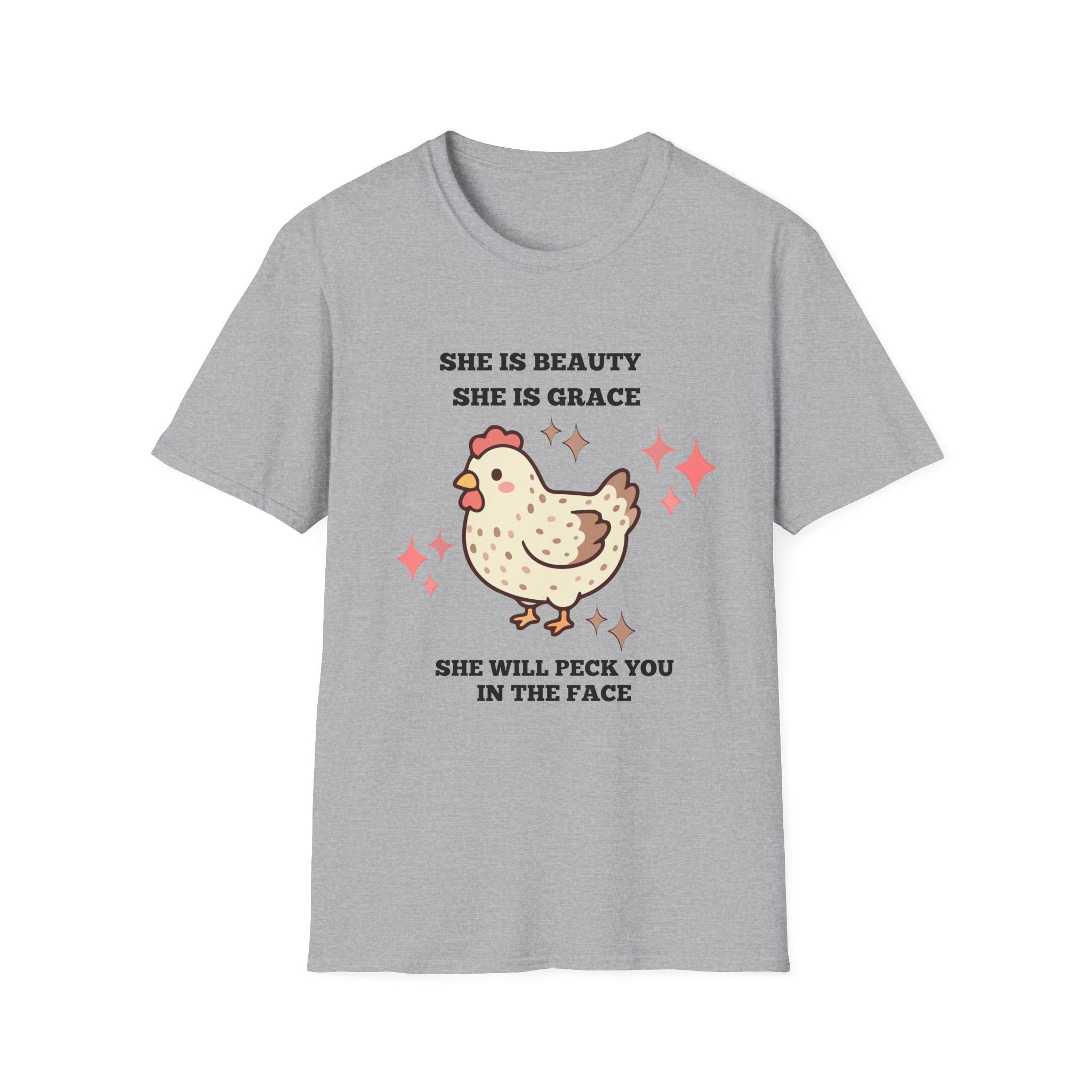 Chicken Tee — "She Is Beauty, She Is Grace, She Will Pech You in the Face" Funny Farm Animal T-Shirt