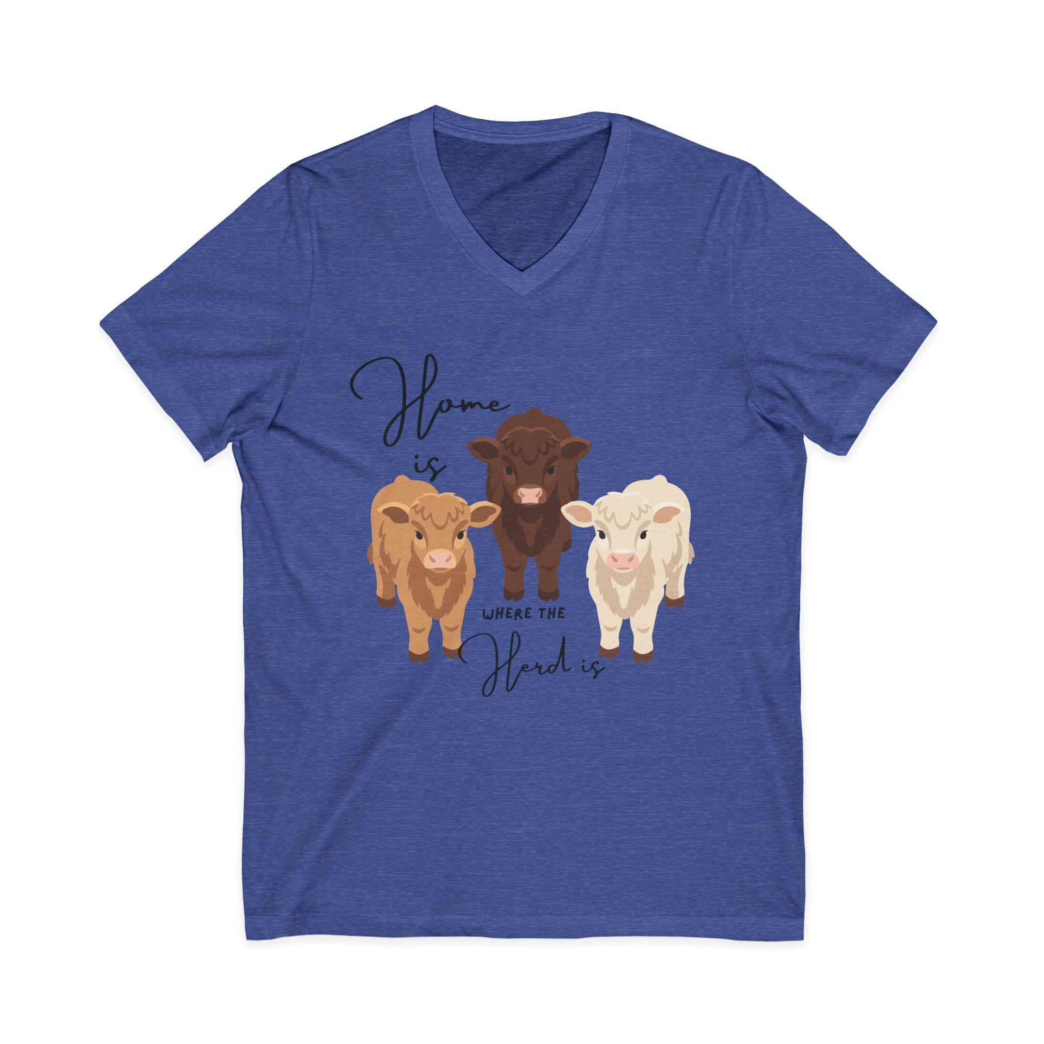 Cow Trio V-Neck Tee — "Home is Where the Herd Is" Cute Farm Animal Shirt