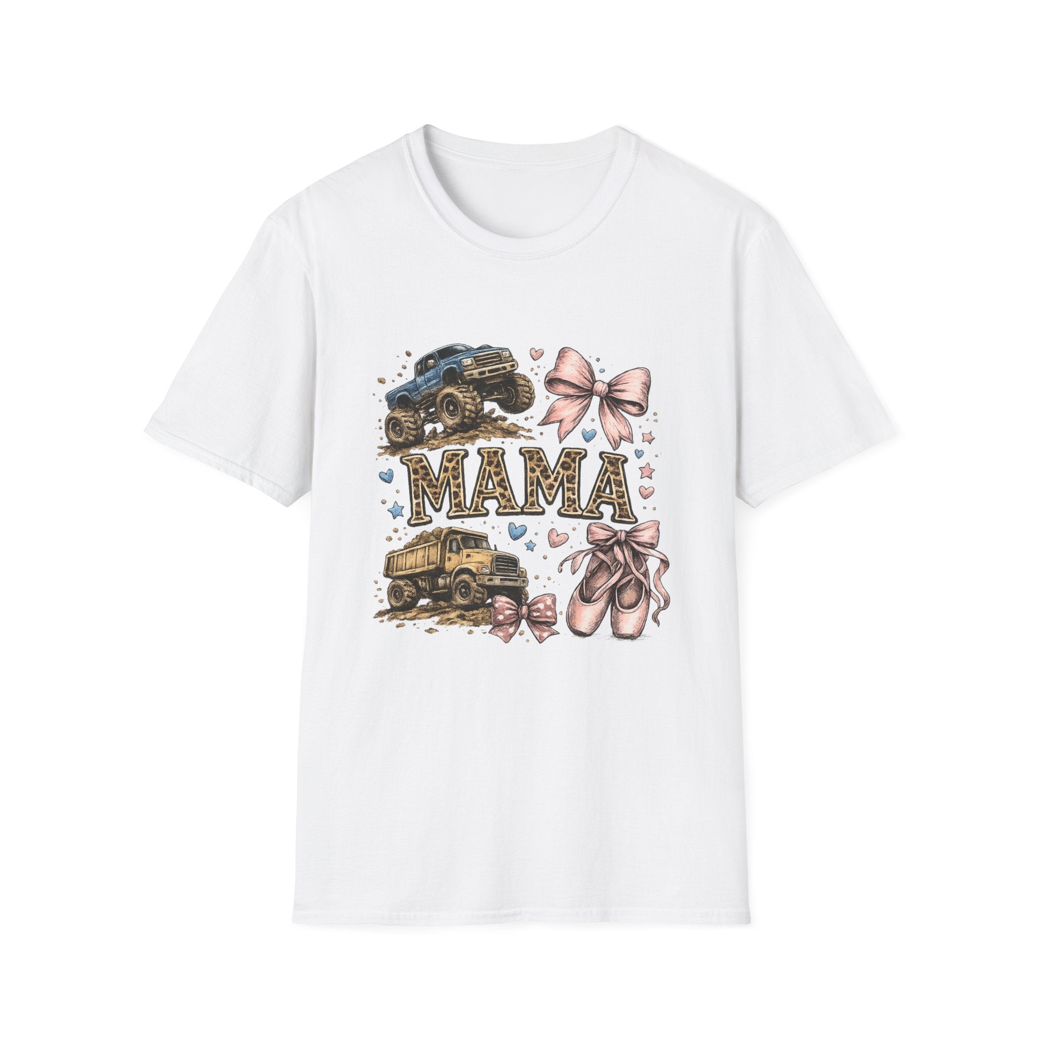 Mama Jeep & Ballet Shoes T-Shirt — 'MAMA' Graphic Tee with Trucks, Bows & Ballet Slippers