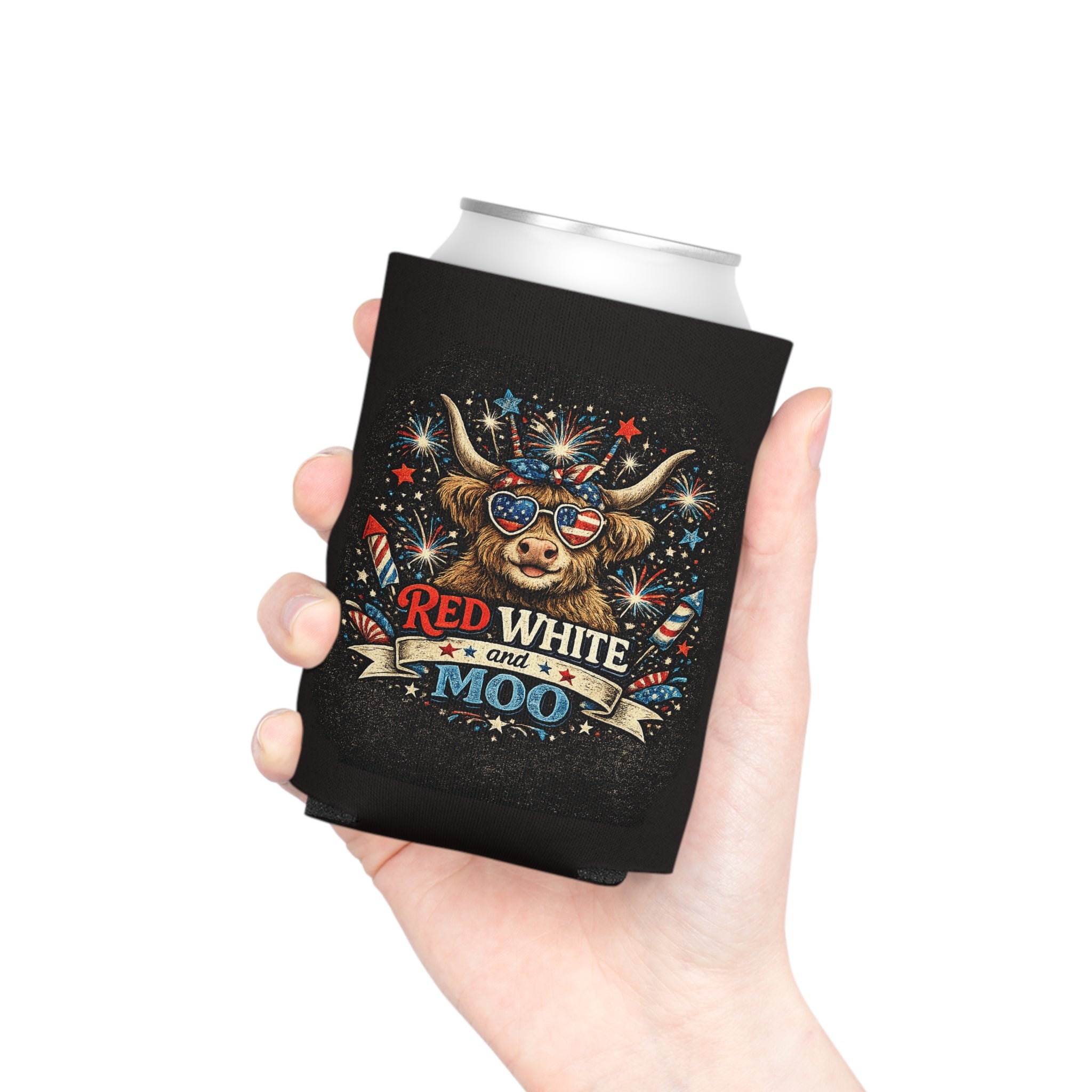 Patriotic 'Red White and Moo' Can Cooler — 4th of July Beer Koozie